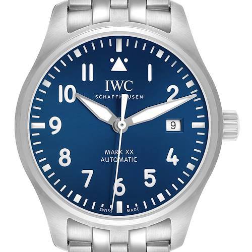 This image shows a frontal view of the IWC Pilot IW328204 Men's Stainless Steel Blue Dial Mark XX watch, displaying the dial, hands, date window, and part of the bracelet.