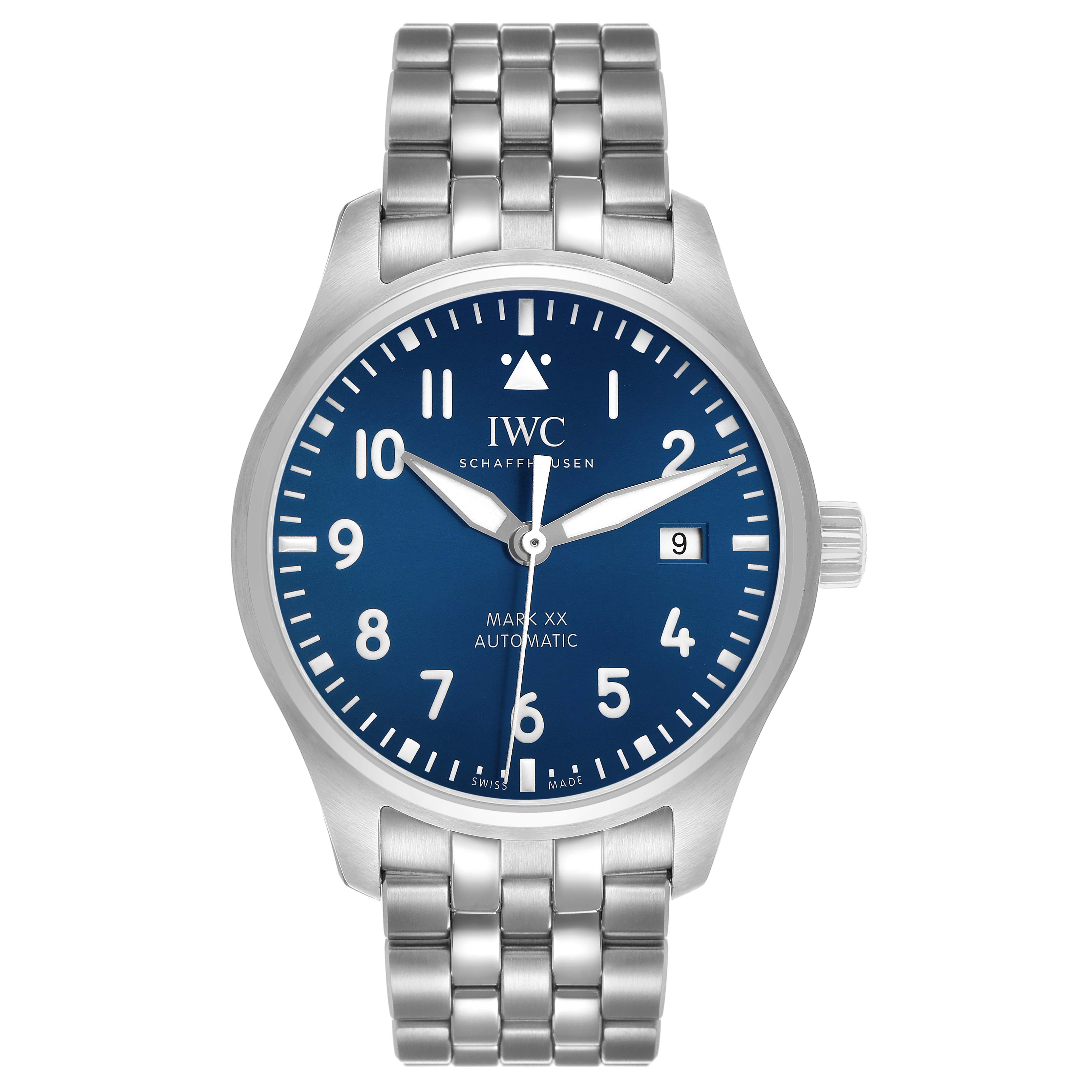 The IWC Pilot IW328204 Men's Stainless Steel Blue Dial Mark XX watch is shown from the front, displaying its face, bezel, and metal bracelet.