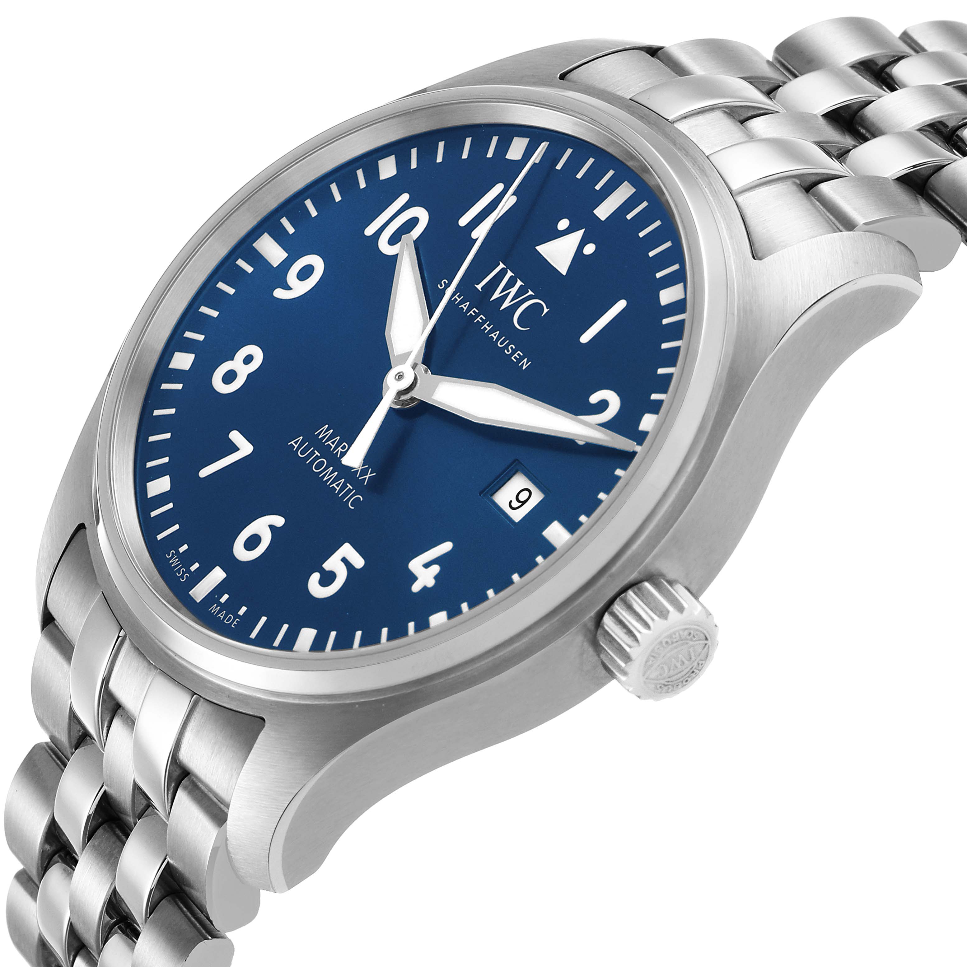 The IWC Pilot IW328204 Men's Stainless Steel Blue Dial watch is shown at an angled side view, displaying the dial, bezel, crown, and part of the stainless steel bracelet.