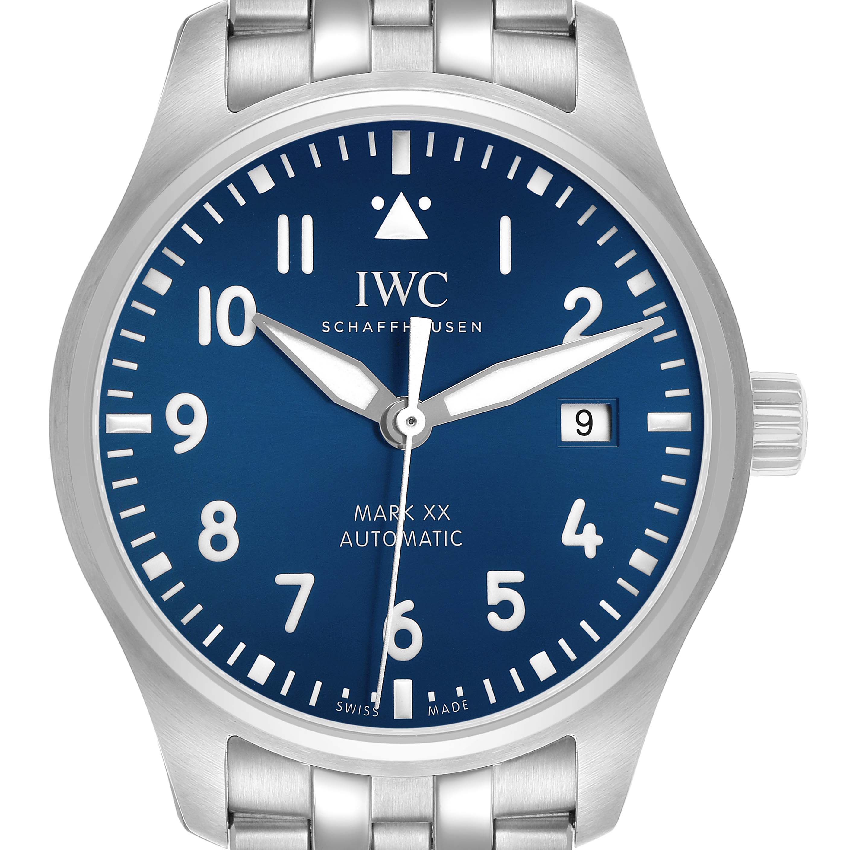 The IWC Pilot IW328204 Men's Stainless Steel Blue Dial Mark XX watch is shown from the front, displaying the dial, hands, date window, and part of the bracelet.