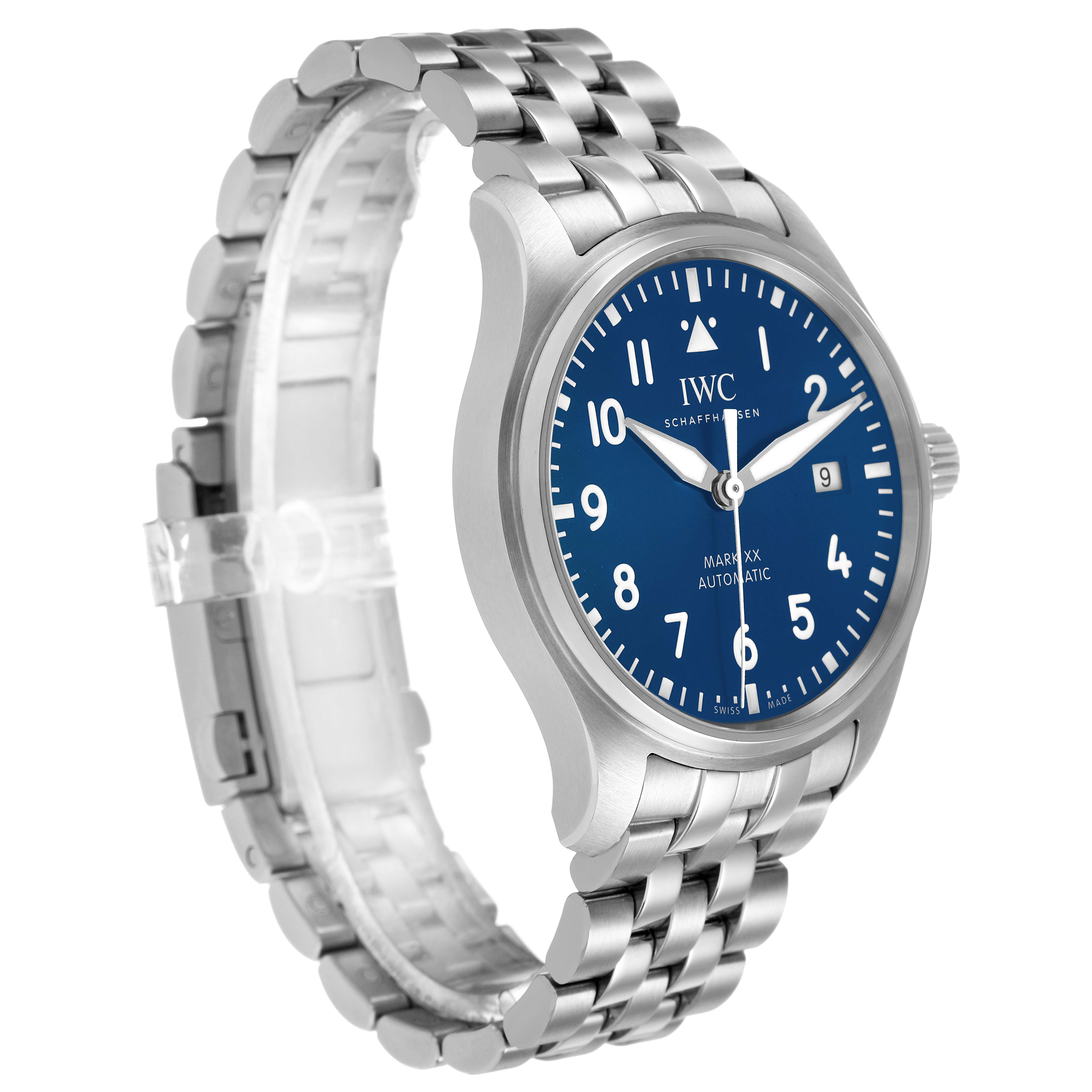The IWC Pilot IW328204 Men's Stainless Steel Blue Dial model watch is shown at a three-quarter angle, displaying its blue dial, crown, and stainless steel bracelet.