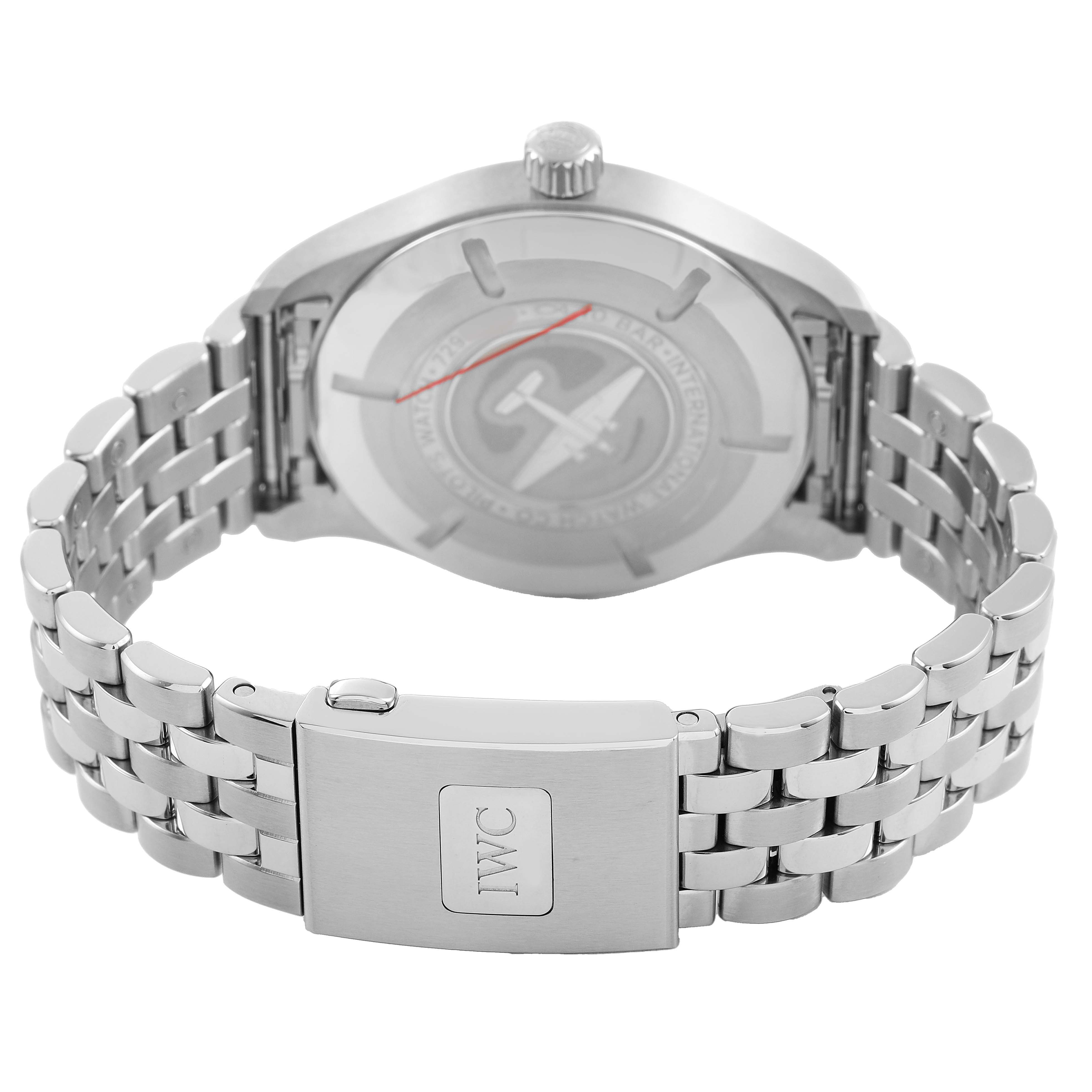 The image shows the back view of the IWC Pilot IW328204 Men's Stainless Steel Blue Dial watch, highlighting the case back, crown, and metal bracelet.