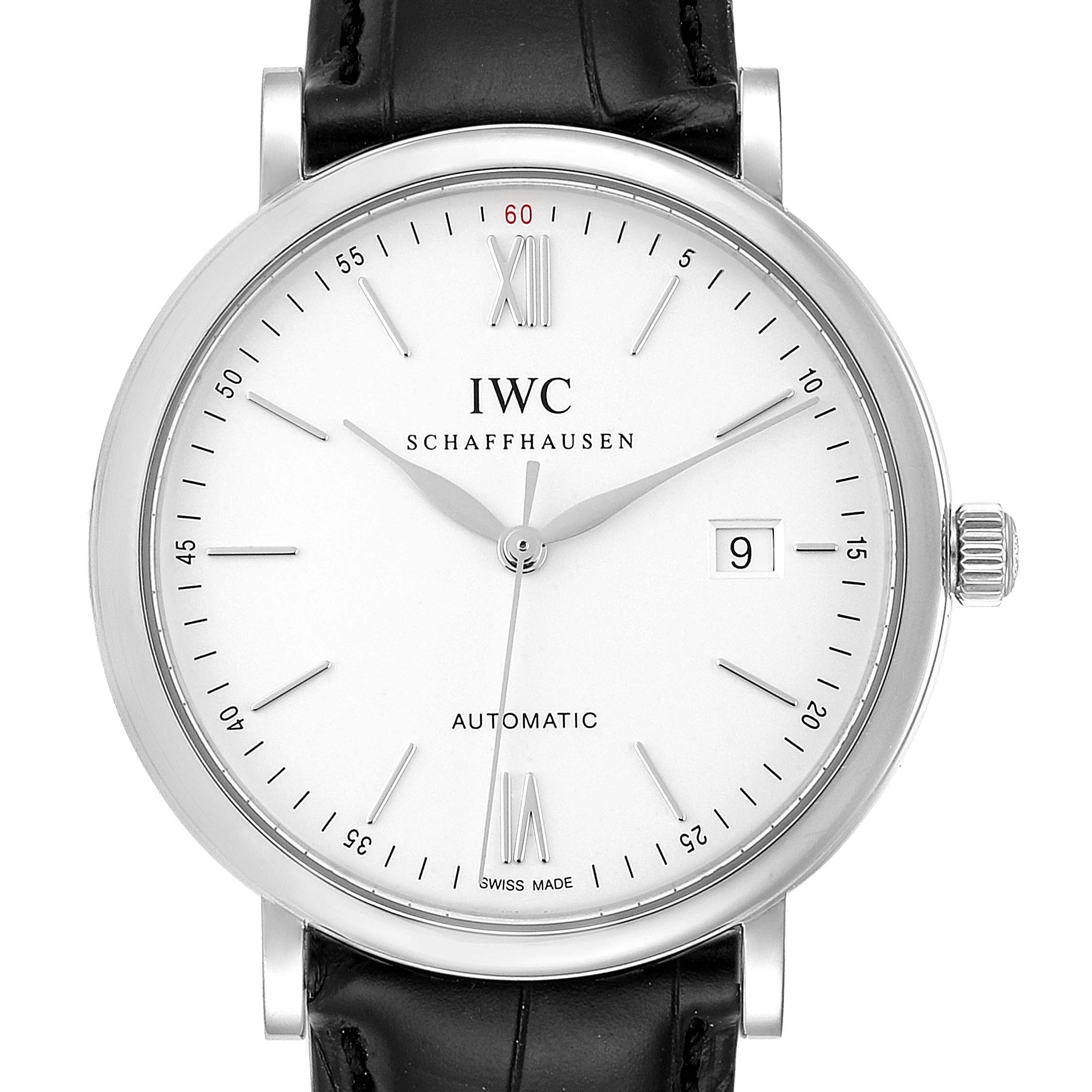 The image shows a front view of the IWC Portofino IW356501 Men's Stainless Steel Silver Dial IW356501 Men's Stainless Steel Silver Dial watch with a white dial, silver markers, date window, and black leather strap.