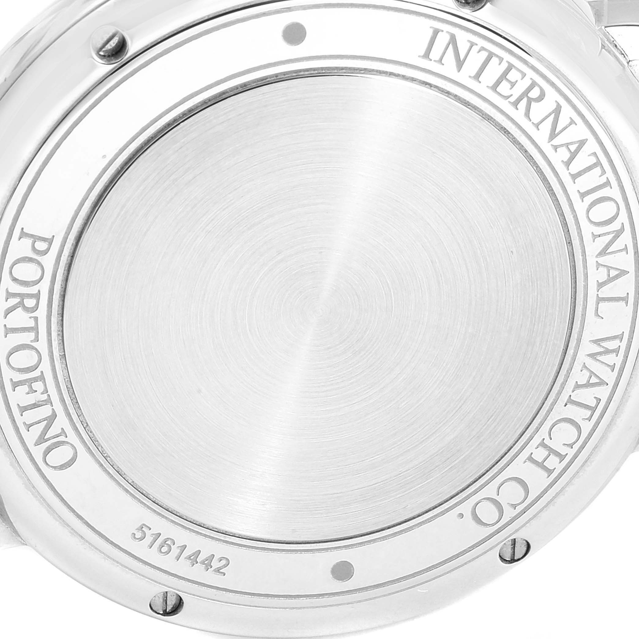 This image shows the back case of the IWC Portofino IW356501 Men's Stainless Steel Silver Dial IW356501 Men's Stainless Steel Silver Dial watch, highlighting the brand and model engravings.
