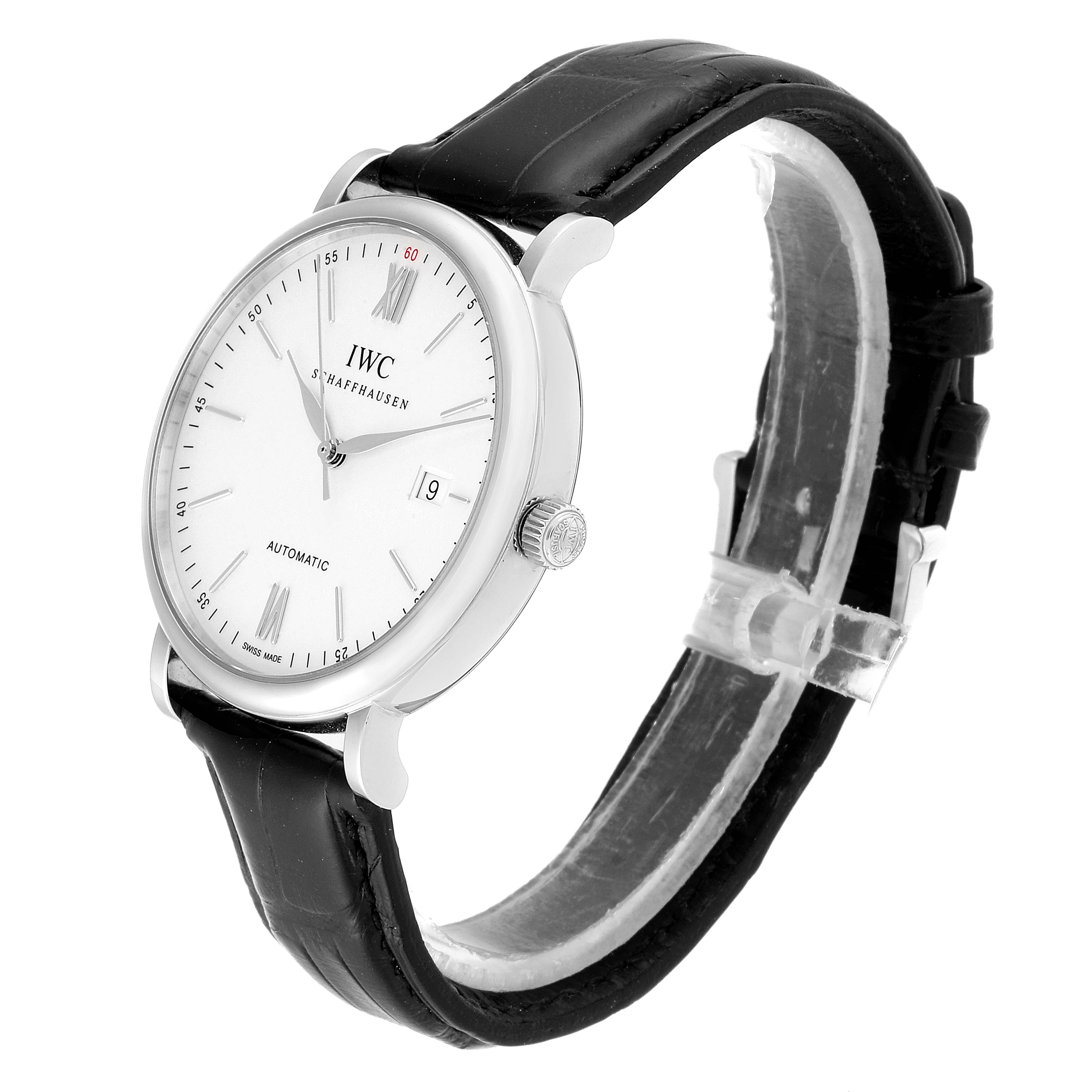 The IWC Portofino IW356501 Men's Stainless Steel Silver Dial IW356501 Men's Stainless Steel Silver Dial watch is shown at a slight angled view, highlighting the face, crown, and black leather strap.