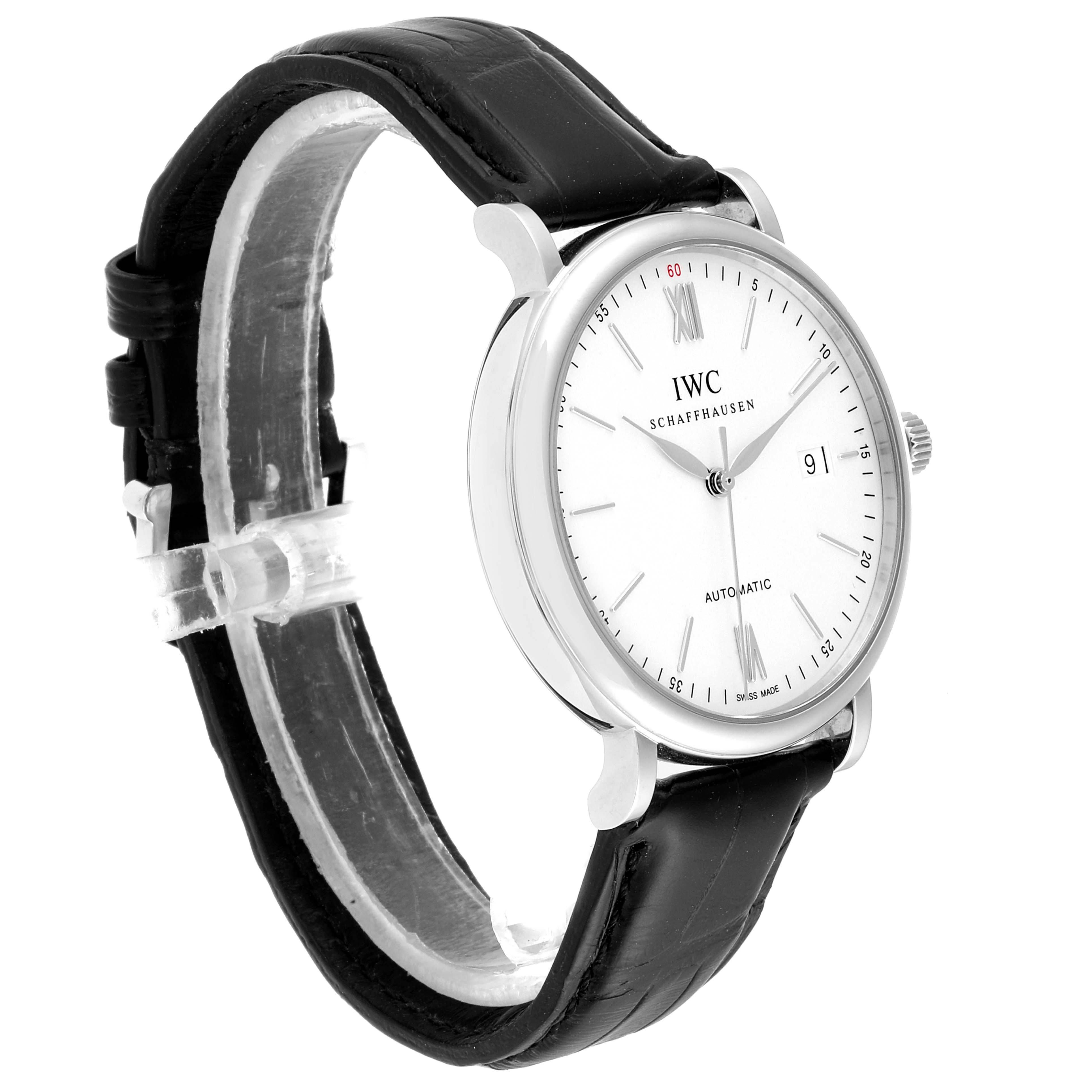 The IWC Portofino IW356501 Men's Stainless Steel Silver Dial IW356501 Men's Stainless Steel Silver Dial watch is shown at a slight angle, displaying its face, partial strap, crown, and part of the buckle.