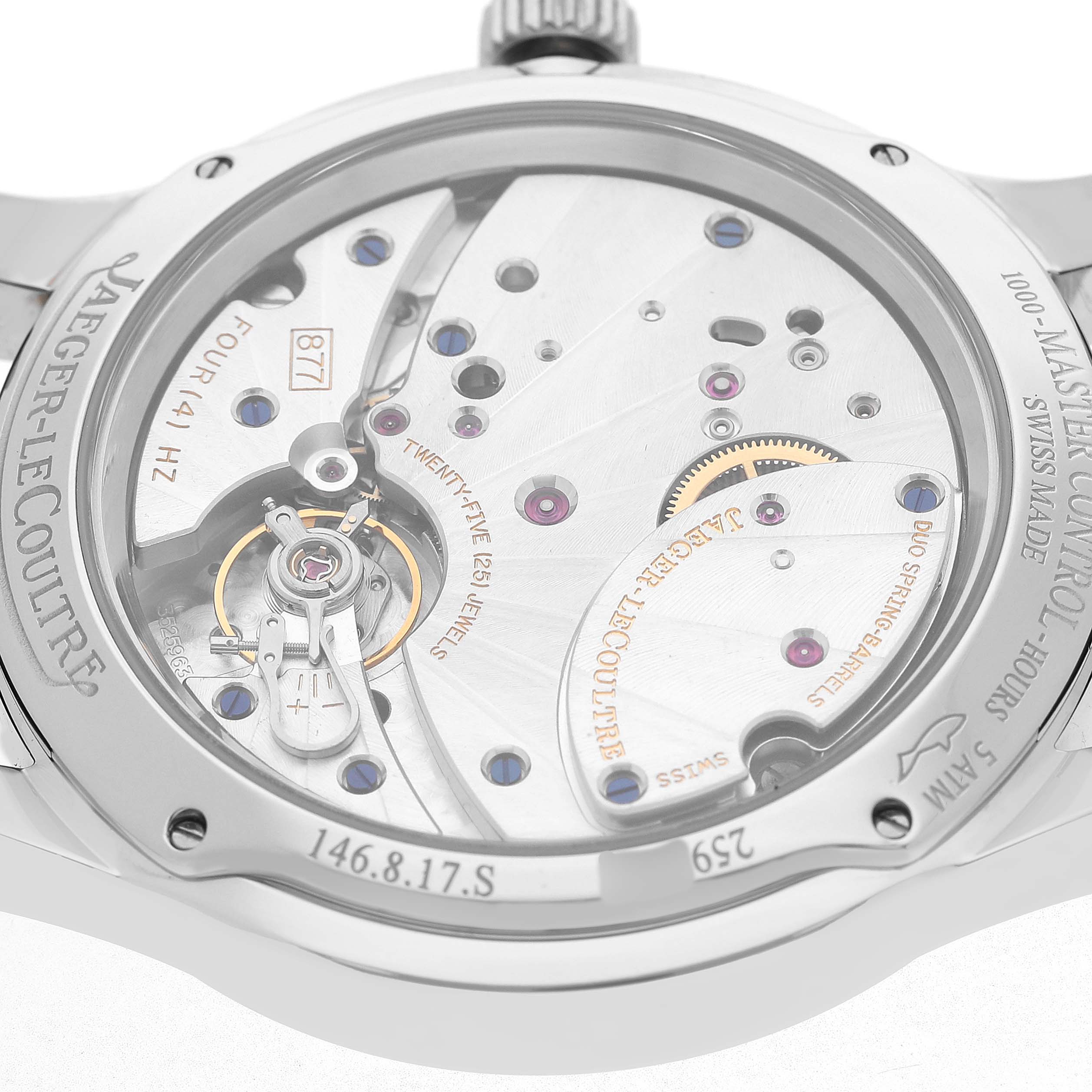 The image shows the back view of a Jaeger LeCoultre Reverso Q1608420 Men's Stainless Steel Silver Dial watch, highlighting its movement and internal mechanism details.