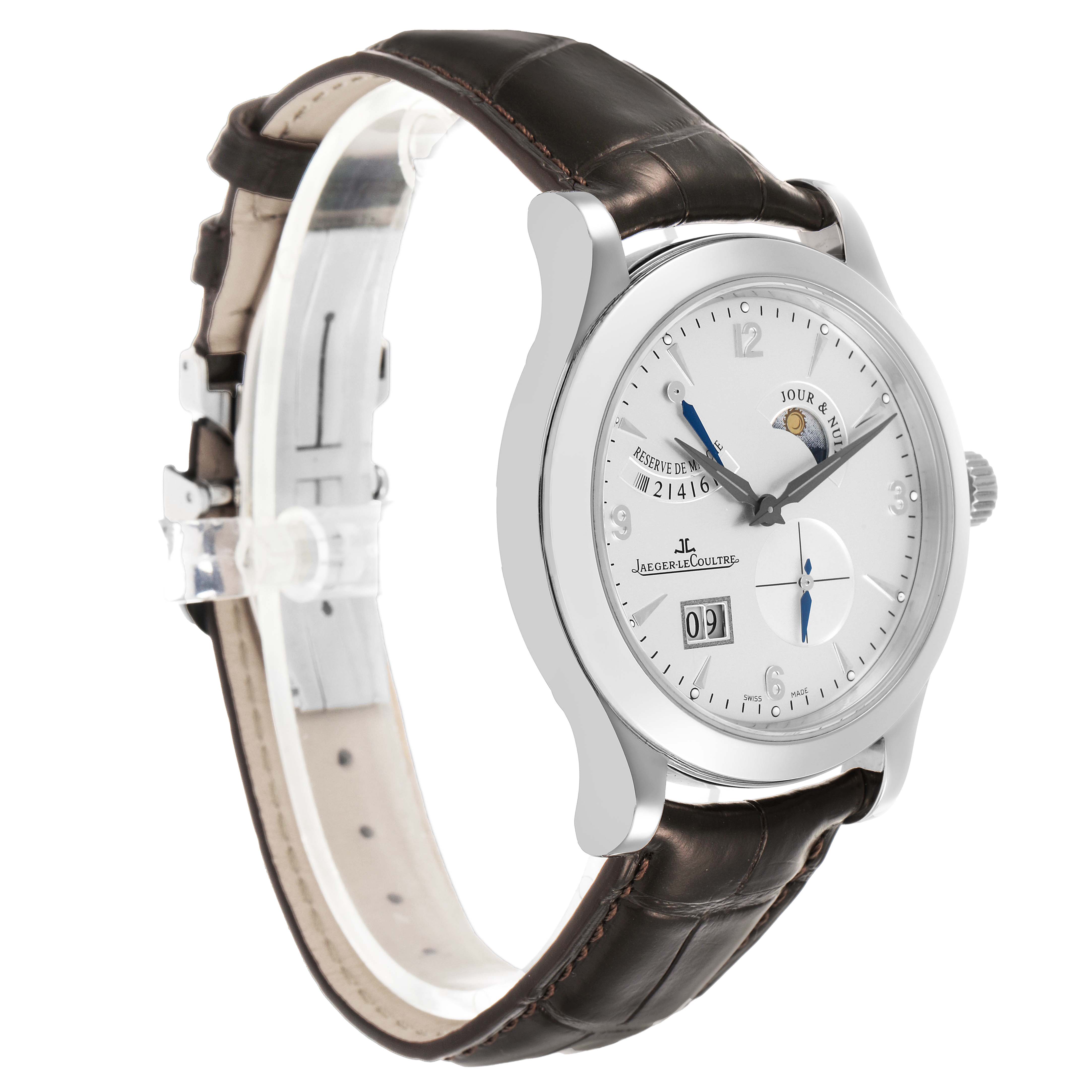 The Jaeger LeCoultre Reverso Q1608420 Men's Stainless Steel Silver Dial watch is shown at a side angle, displaying the face, crown, and leather strap.