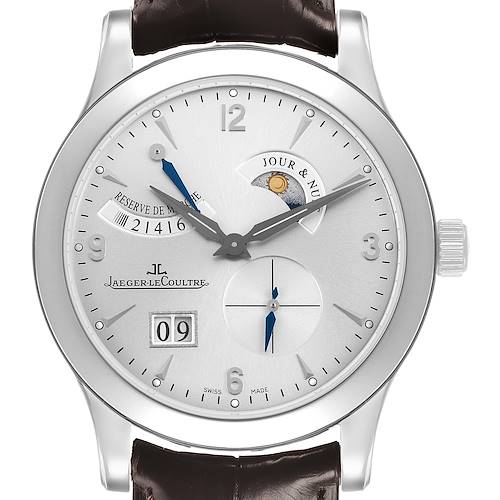 The Jaeger LeCoultre Reverso Q1608420 Men's Stainless Steel Silver Dial watch is shown from a front angle, displaying the dial, hands, subdials, and leather strap.