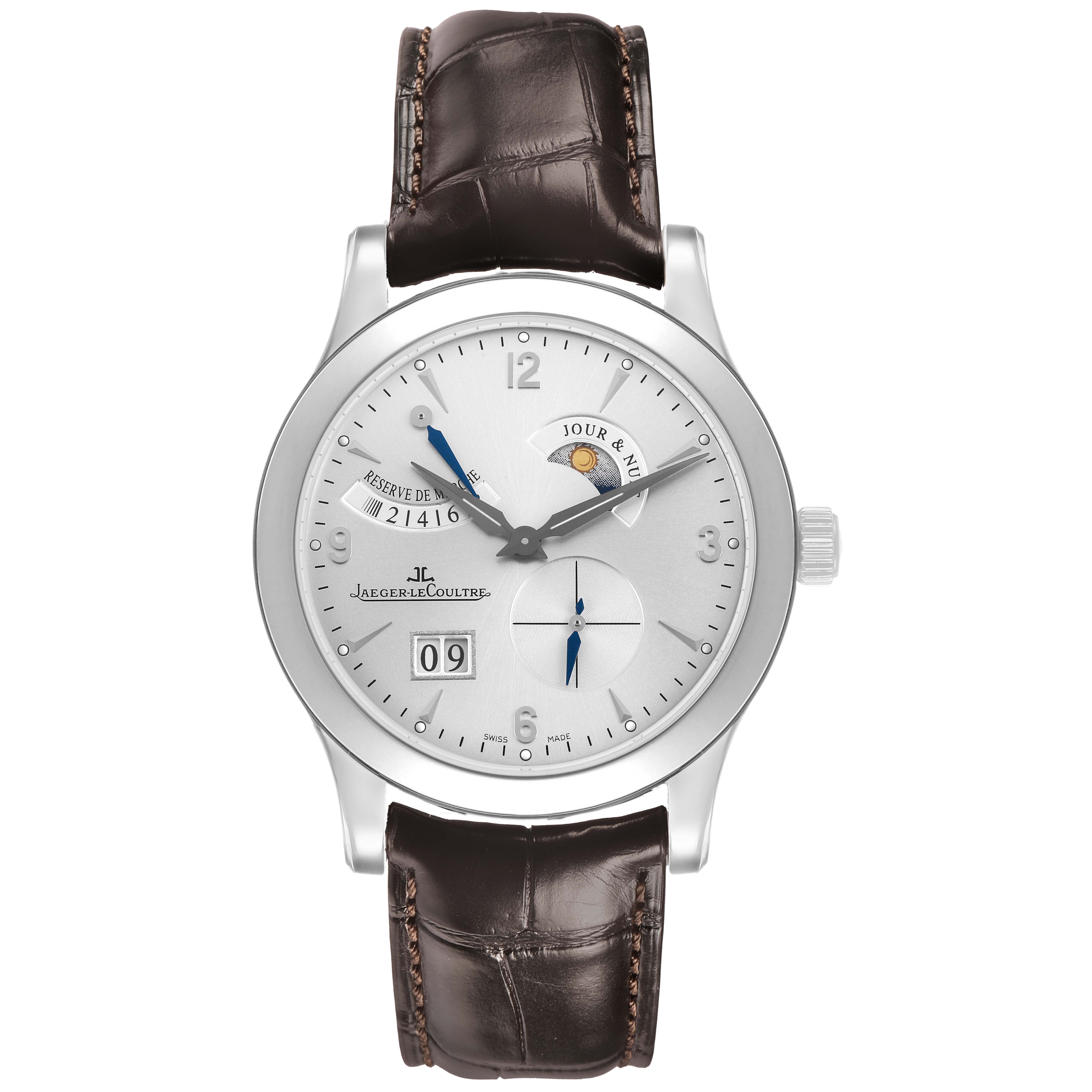 The Jaeger LeCoultre Reverso Q1608420 Men's Stainless Steel Silver Dial model is shown from a front angle, displaying its dial, hands, subdials, and leather strap.