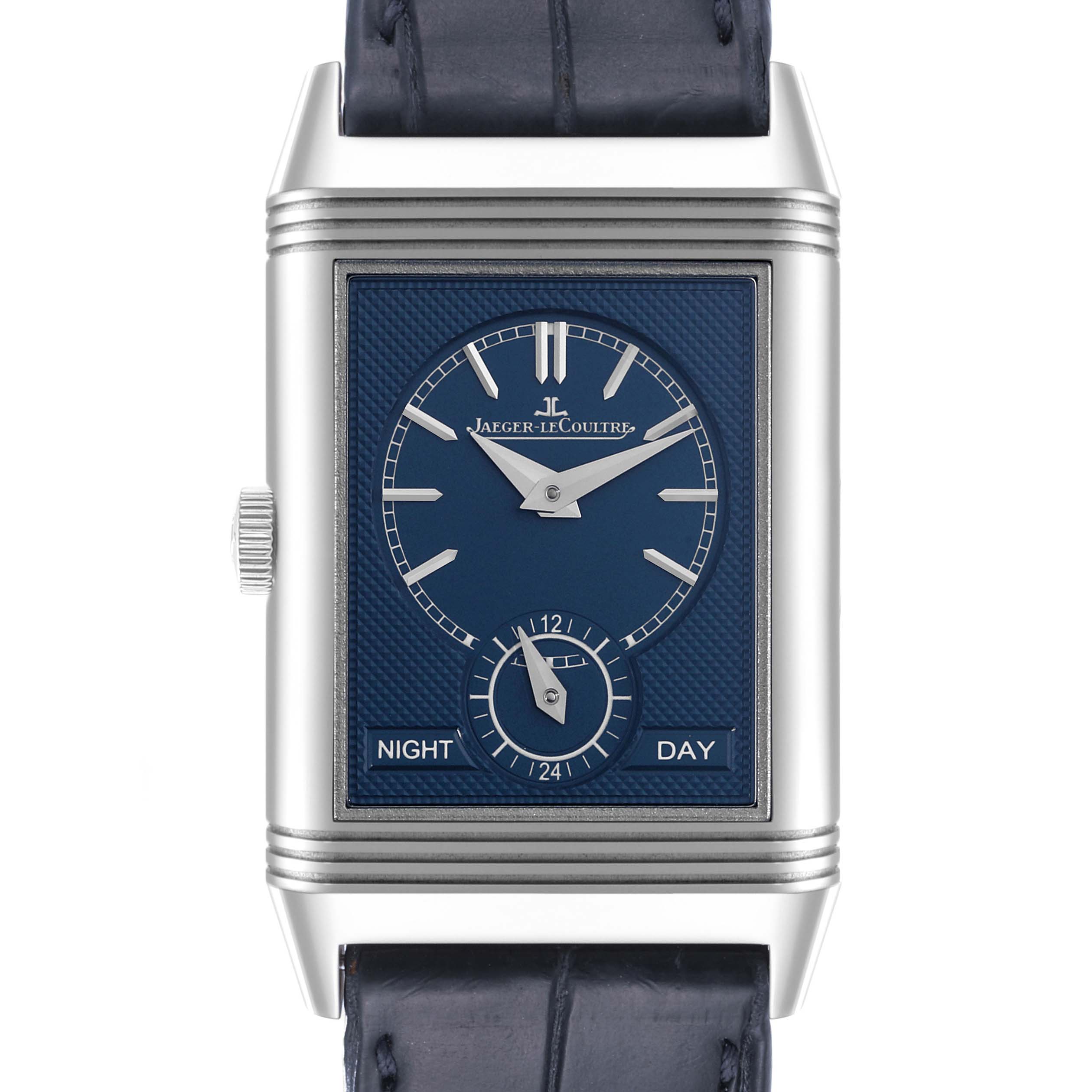 This image shows a frontal view of a Jaeger LeCoultre Reverso Q3908420 Men's Stainless Steel Silver Dial Q3908420 Men's Stainless Steel Silver Dial watch, highlighting its dial, hands, case, and strap.