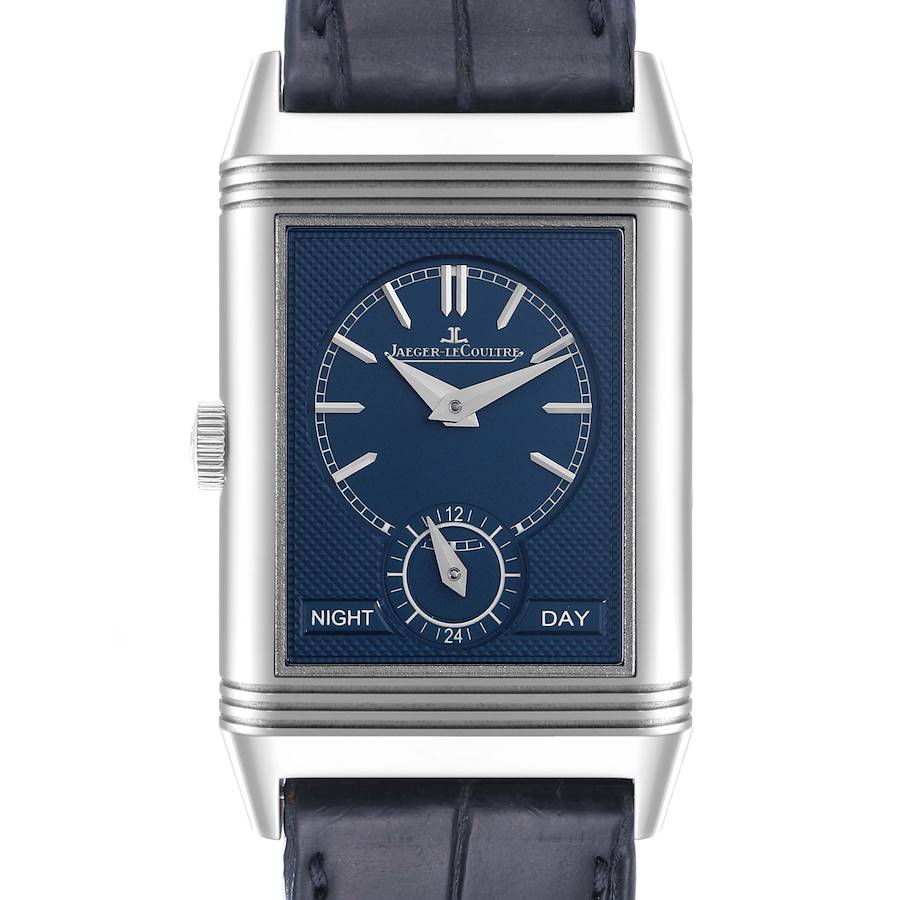 This image shows a frontal view of a Jaeger LeCoultre Reverso watch, highlighting its dial, hands, case, and strap.