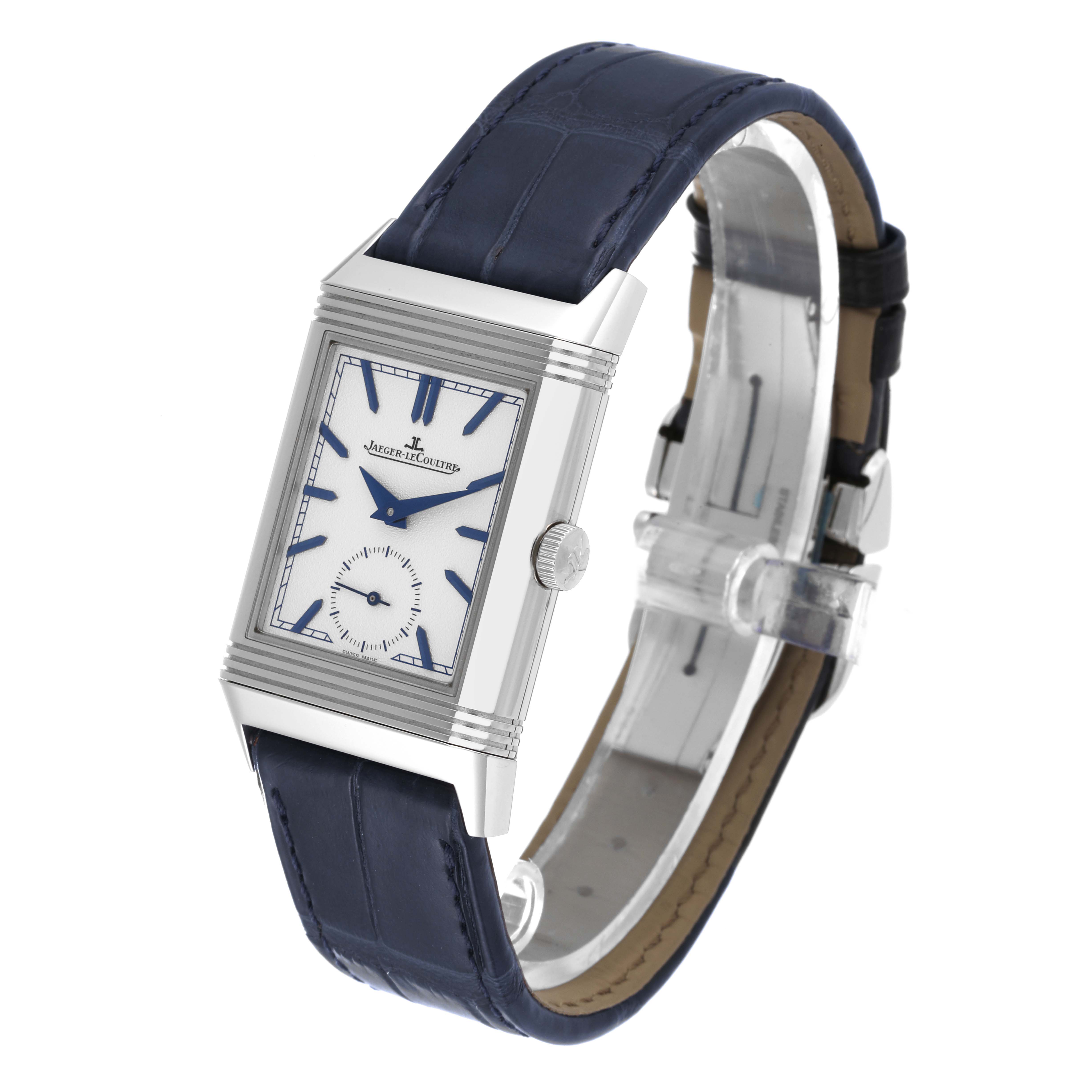This Jaeger LeCoultre Reverso Q3908420 Men's Stainless Steel Silver Dial Q3908420 Men's Stainless Steel Silver Dial watch is shown from an angled front view, displaying its rectangular dial and blue leather strap.