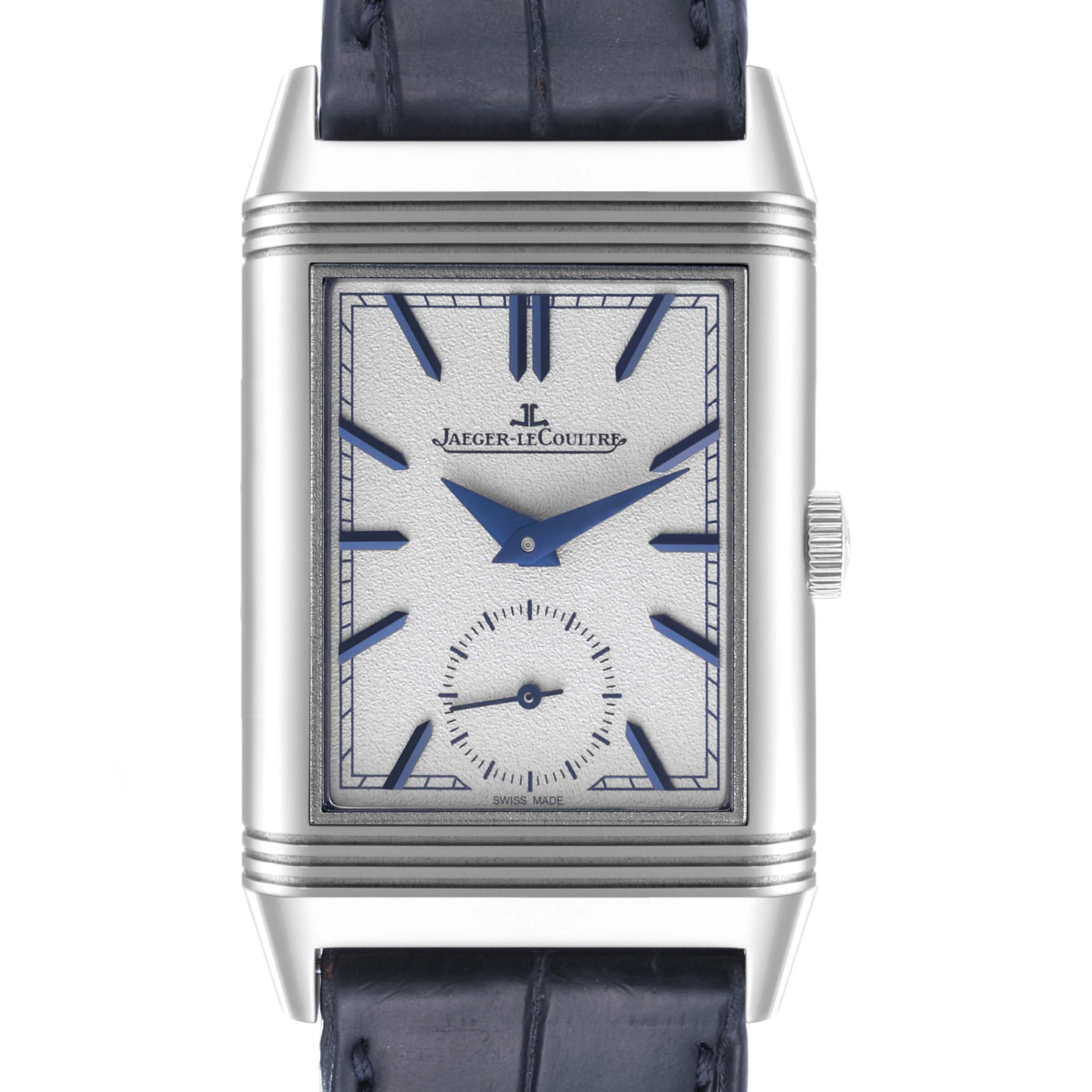 The image shows the front view of a Jaeger-LeCoultre Reverso watch, highlighting its face, dial, and crown.