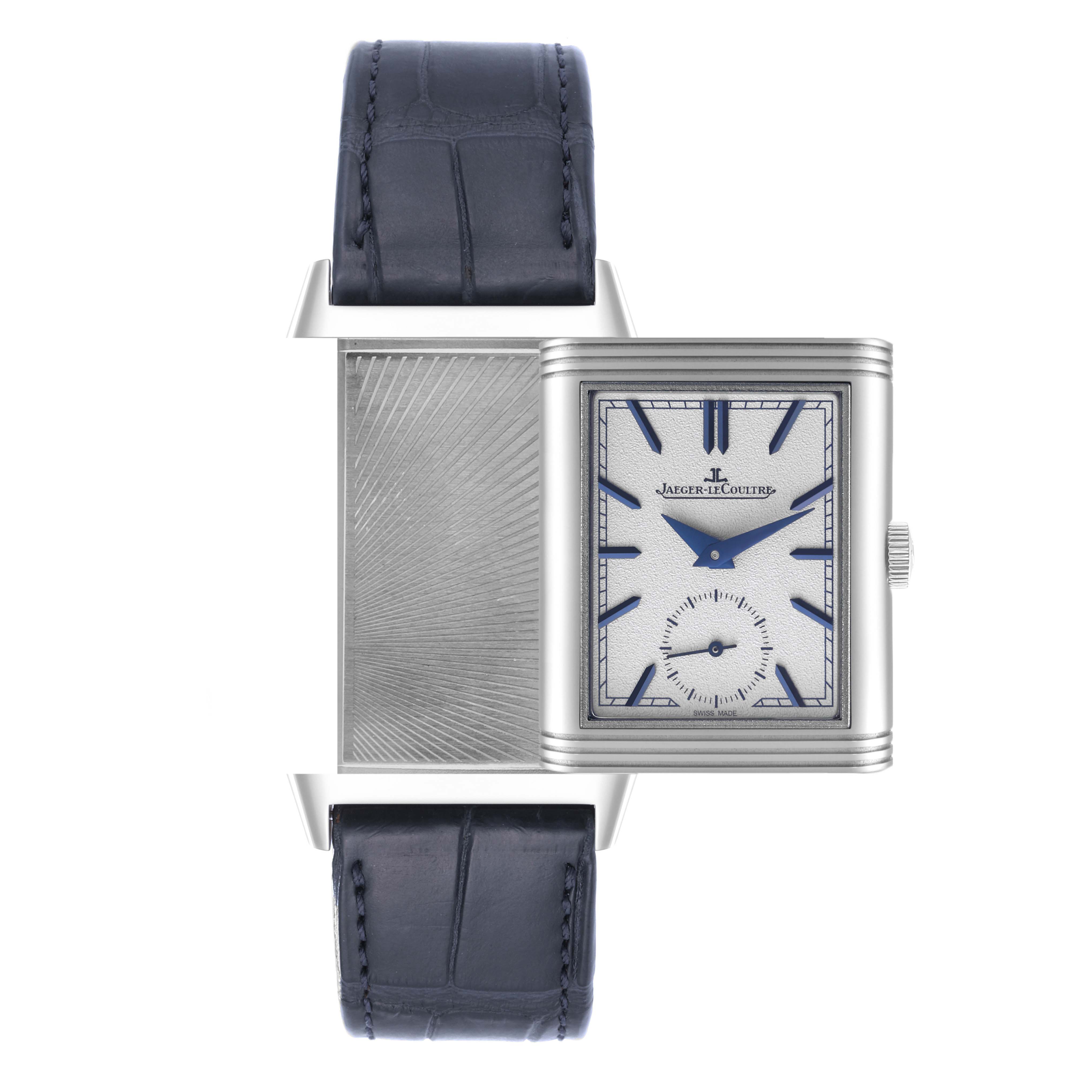 The image shows a front view of a Jaeger LeCoultre Reverso Q3908420 Men's Stainless Steel Silver Dial Q3908420 Men's Stainless Steel Silver Dial watch with its case partially flipped to display the reverse side.