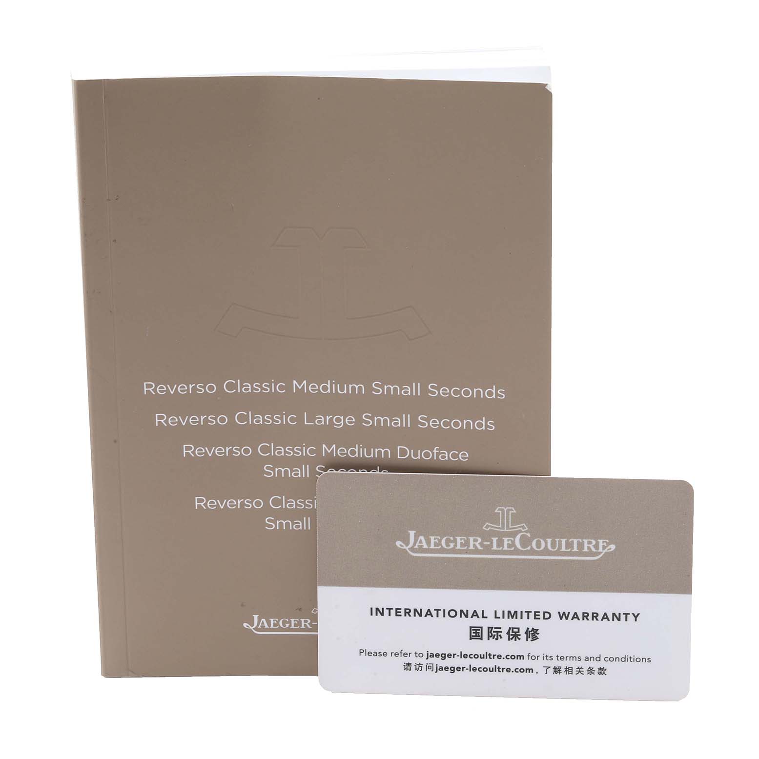 This image shows the warranty card and instruction booklet for the Jaeger LeCoultre Reverso Q3908420 Men's Stainless Steel Silver Dial Q3908420 Men's Stainless Steel Silver Dial model.