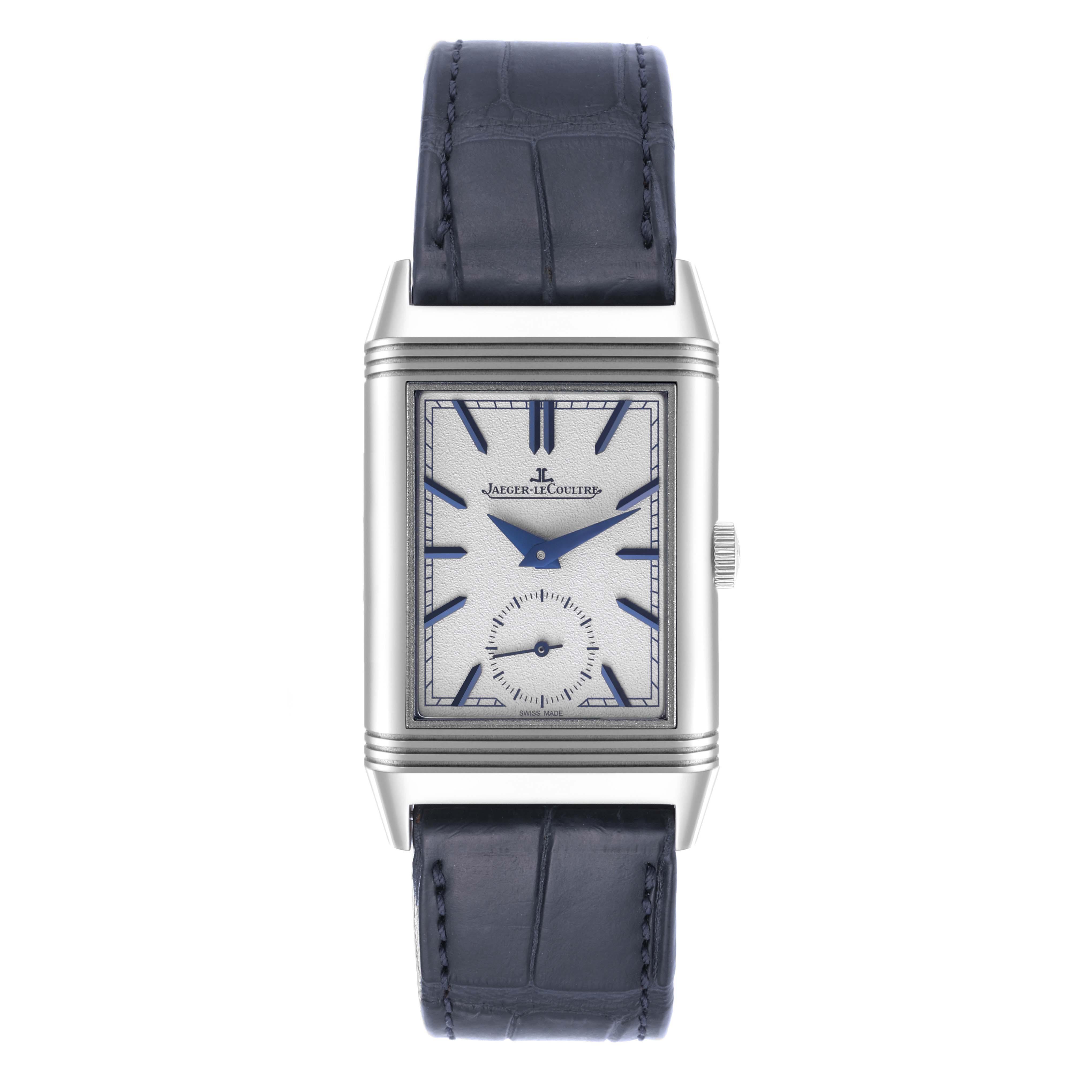 The image shows a front view of a Jaeger LeCoultre Reverso Q3908420 Men's Stainless Steel Silver Dial Q3908420 Men's Stainless Steel Silver Dial watch, highlighting its rectangular dial, blue hands, and leather strap.