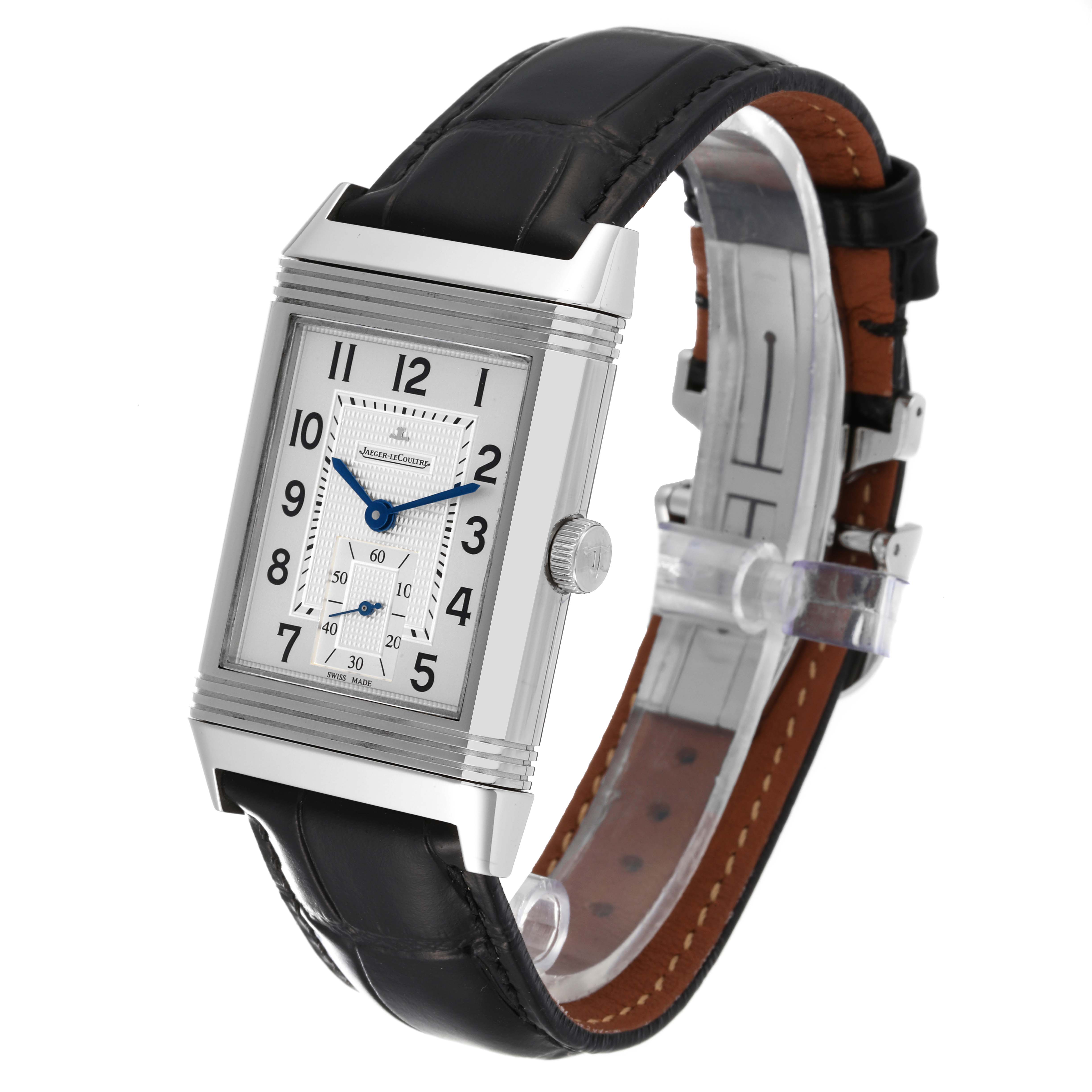 This image shows a Jaeger-LeCoultre Reverso watch from a three-quarter angle, highlighting its face, case, crown, and leather strap.