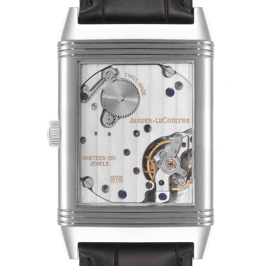 This image shows the back view of the Jaeger-LeCoultre Reverso watch, revealing its intricate internal mechanisms.