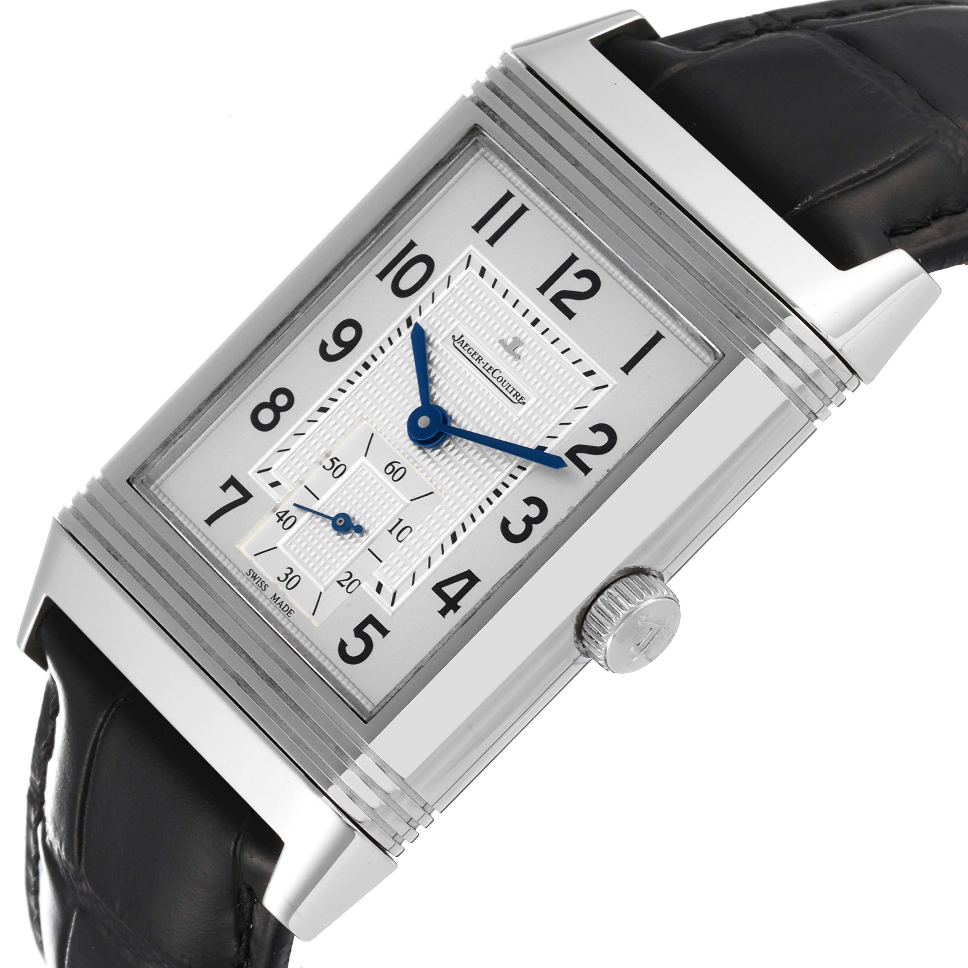 This image shows a close-up angle of the Jaeger-LeCoultre Reverso watch, displaying the dial, crown, and part of the strap.