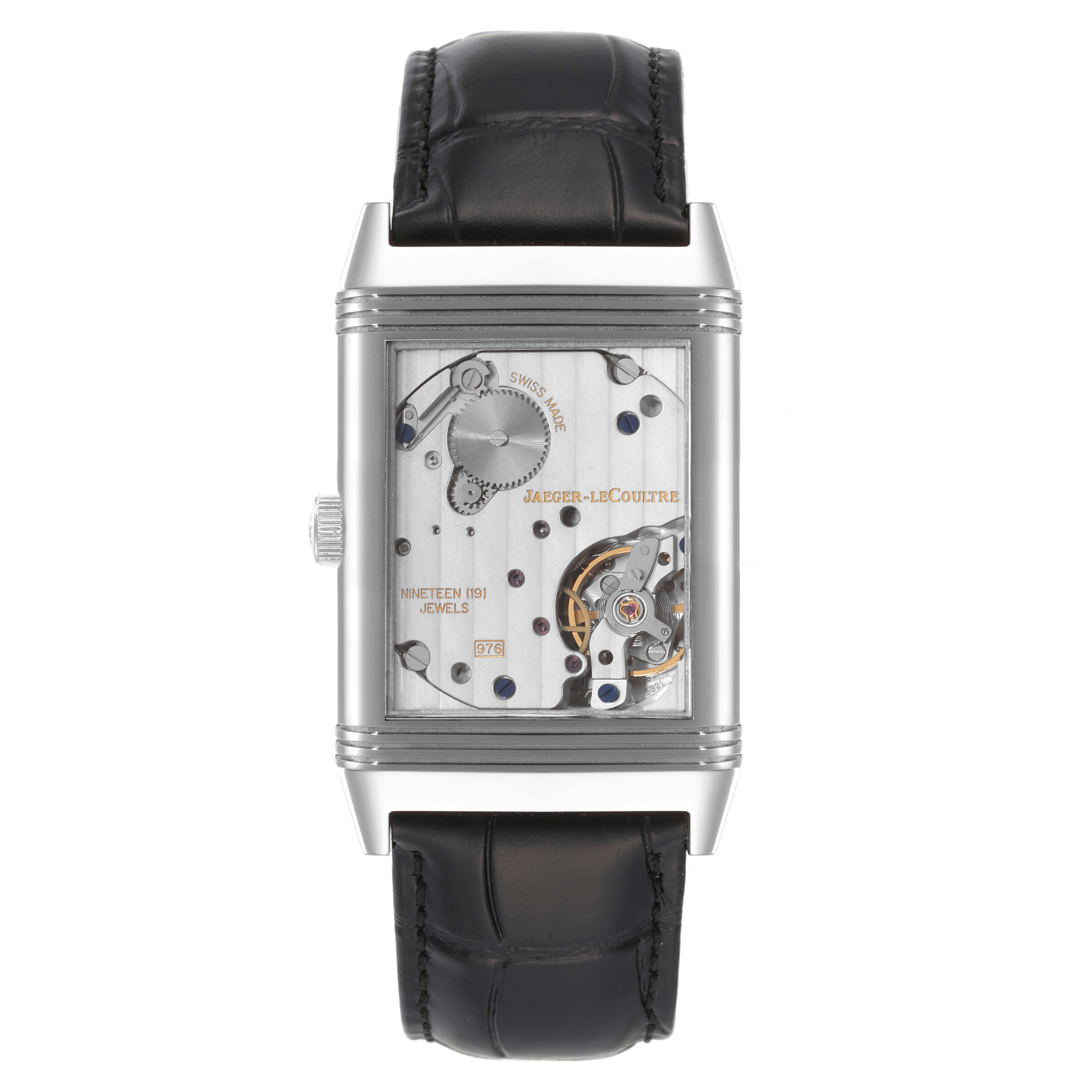 This Jaeger LeCoultre Reverso Q3738420 Men
s Stainless Steel Silver Dial Q3738420 Men
s Stainless Steel Silver Dial watch is shown from the front, highlighting the intricate mechanics and black leather strap.