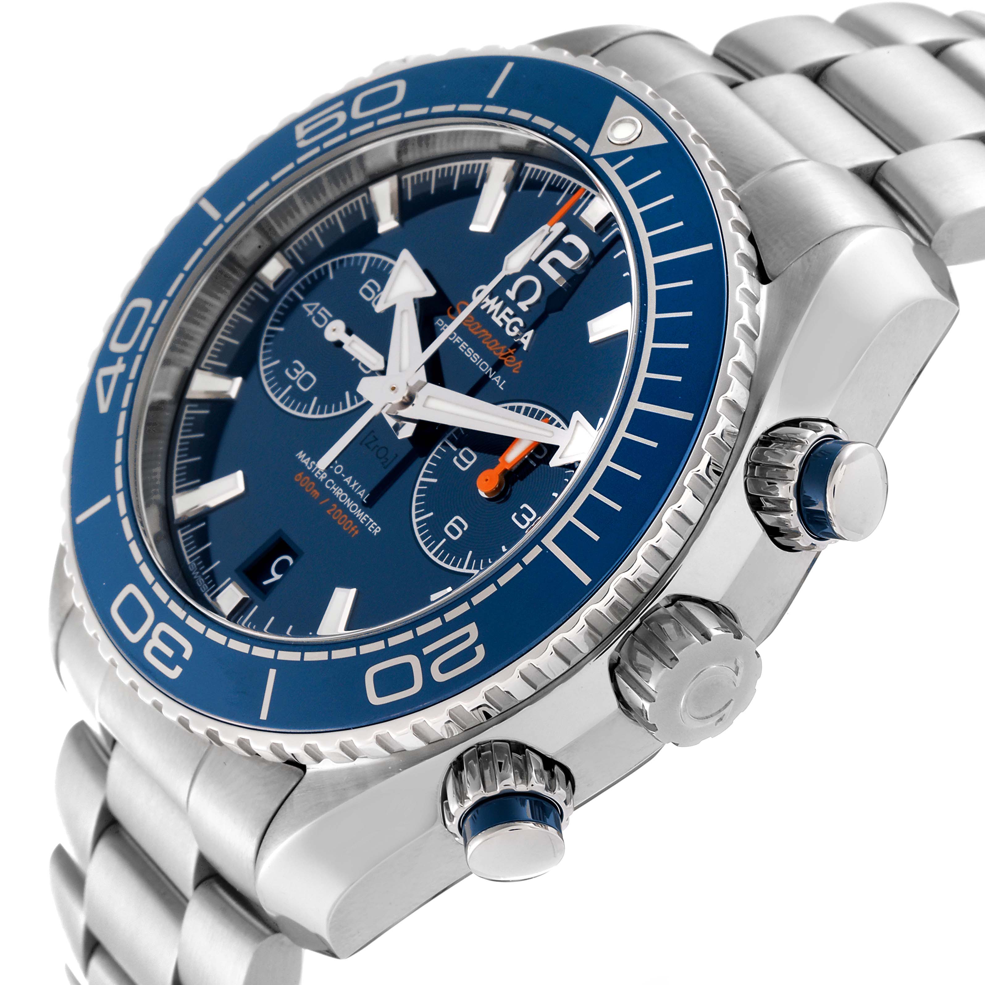 The image shows an angled view of the Omega Planet Ocean 215.30.46.51.03.001 Men's Stainless Steel Blue Dial 215.30.46.51.03.001 Men's Stainless Steel Blue Dial watch, highlighting the crown, pushers, bracelet, and blue bezel.