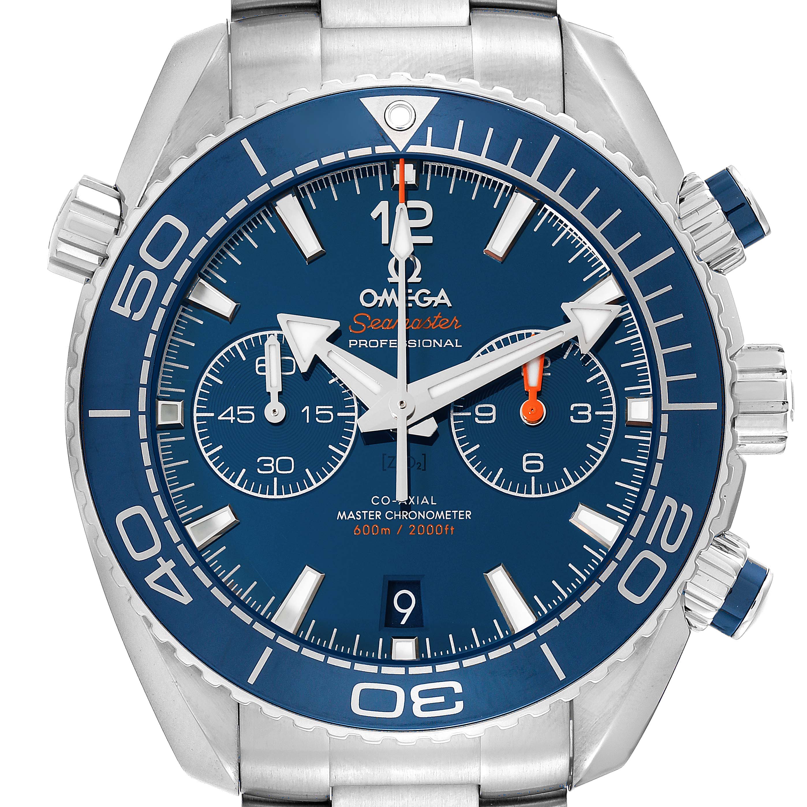 This image shows a front view of the Omega Planet Ocean 215.30.46.51.03.001 Men's Stainless Steel Blue Dial 215.30.46.51.03.001 Men's Stainless Steel Blue Dial Seamaster watch, highlighting the dial, bezel, and chronograph sub-dials.