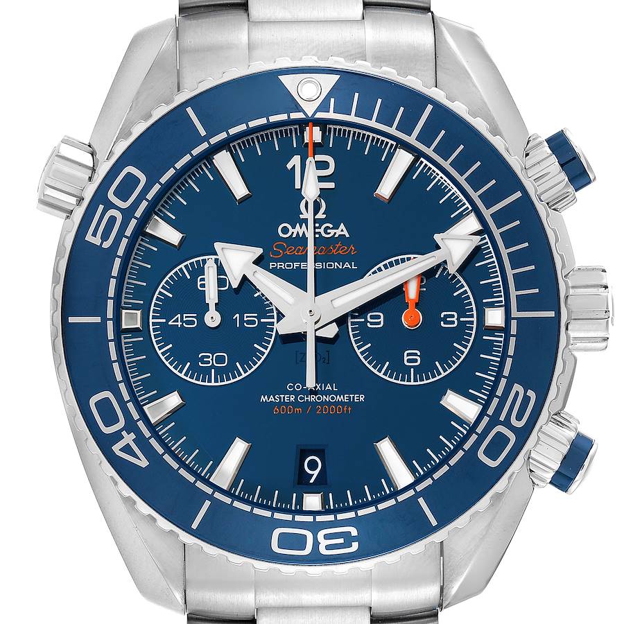 This image shows a front view of the Omega Planet Ocean Seamaster watch, highlighting the dial, bezel, and chronograph sub-dials.