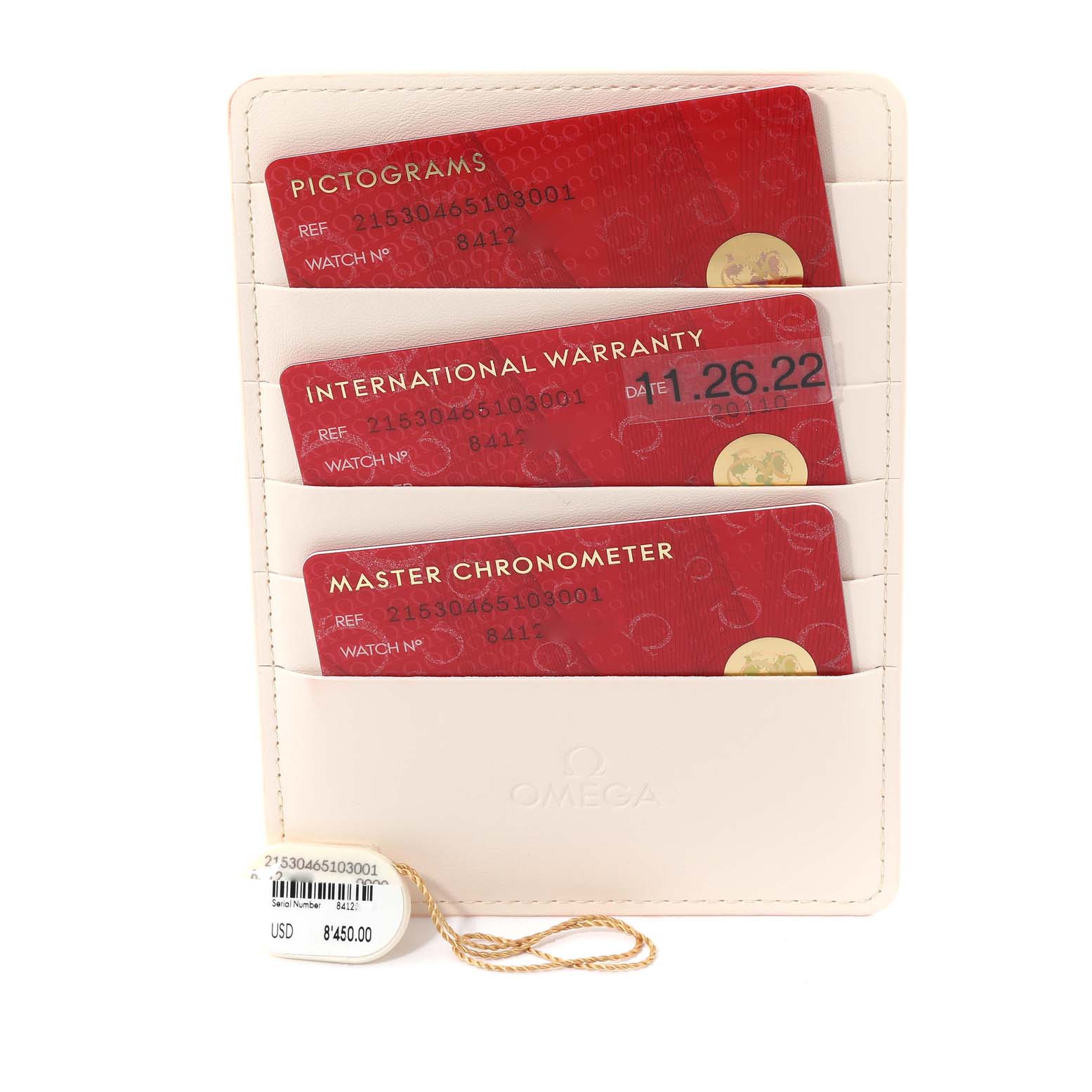 The image shows Omega Planet Ocean 215.30.46.51.03.001 Men's Stainless Steel Blue Dial 215.30.46.51.03.001 Men's Stainless Steel Blue Dial documentation including pictograms, an international warranty card, a master chronometer card, and a price tag.