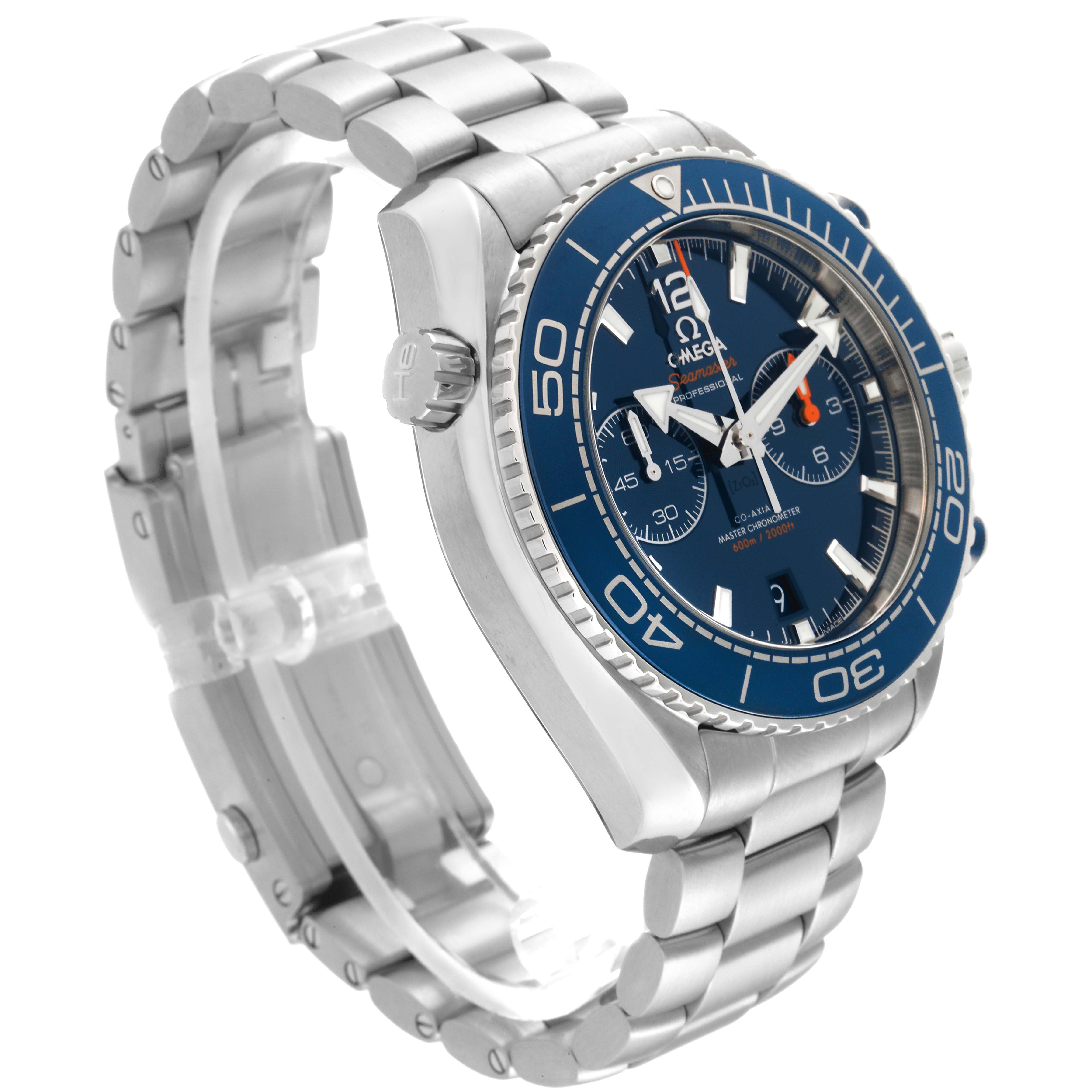 The image shows an Omega Planet Ocean 215.30.46.51.03.001 Men's Stainless Steel Blue Dial 215.30.46.51.03.001 Men's Stainless Steel Blue Dial watch from a side angle displaying the face, bezel, crown, and bracelet.
