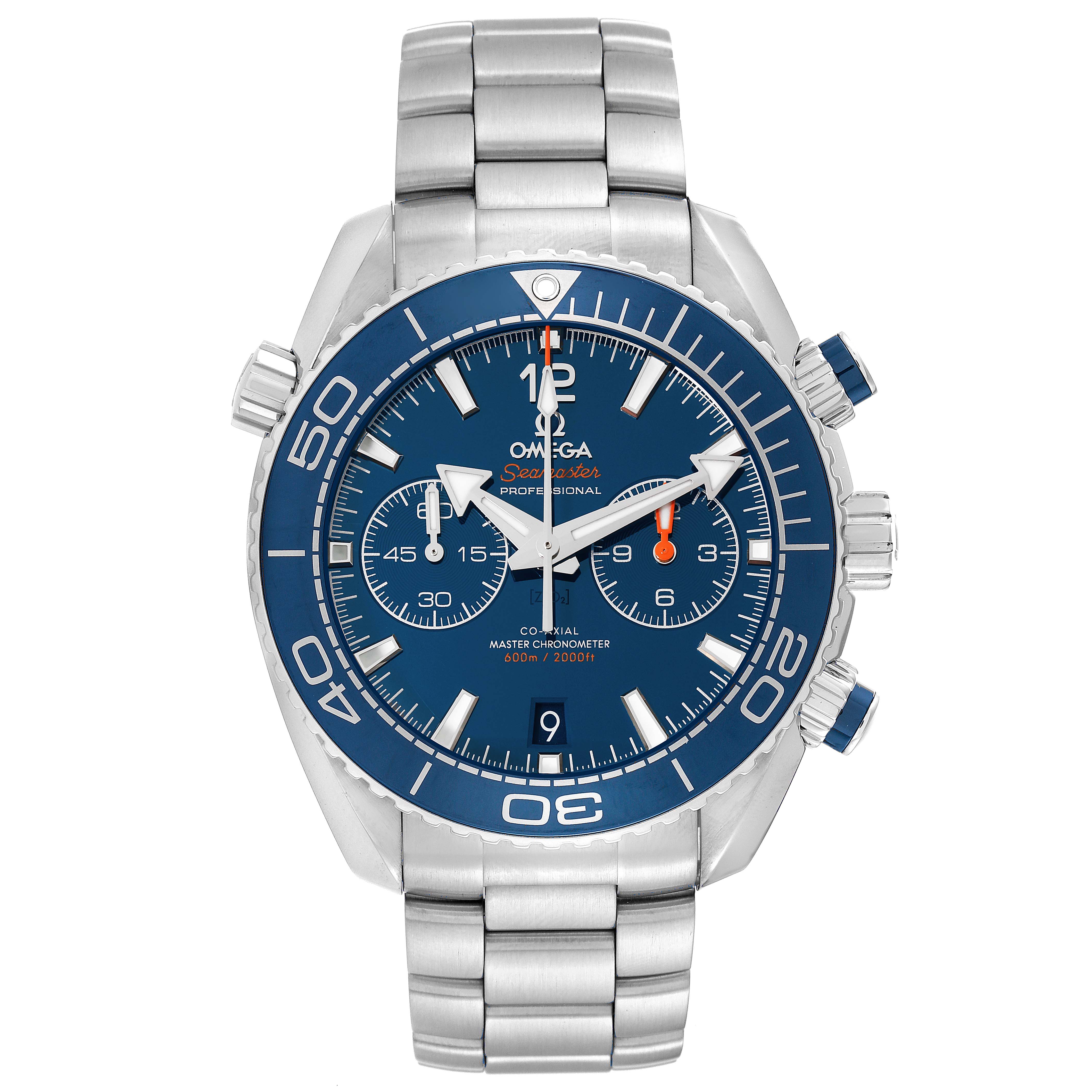 The image shows a front view of an Omega Planet Ocean 215.30.46.51.03.001 Men's Stainless Steel Blue Dial 215.30.46.51.03.001 Men's Stainless Steel Blue Dial watch highlighting the dial, bezel, and bracelet.