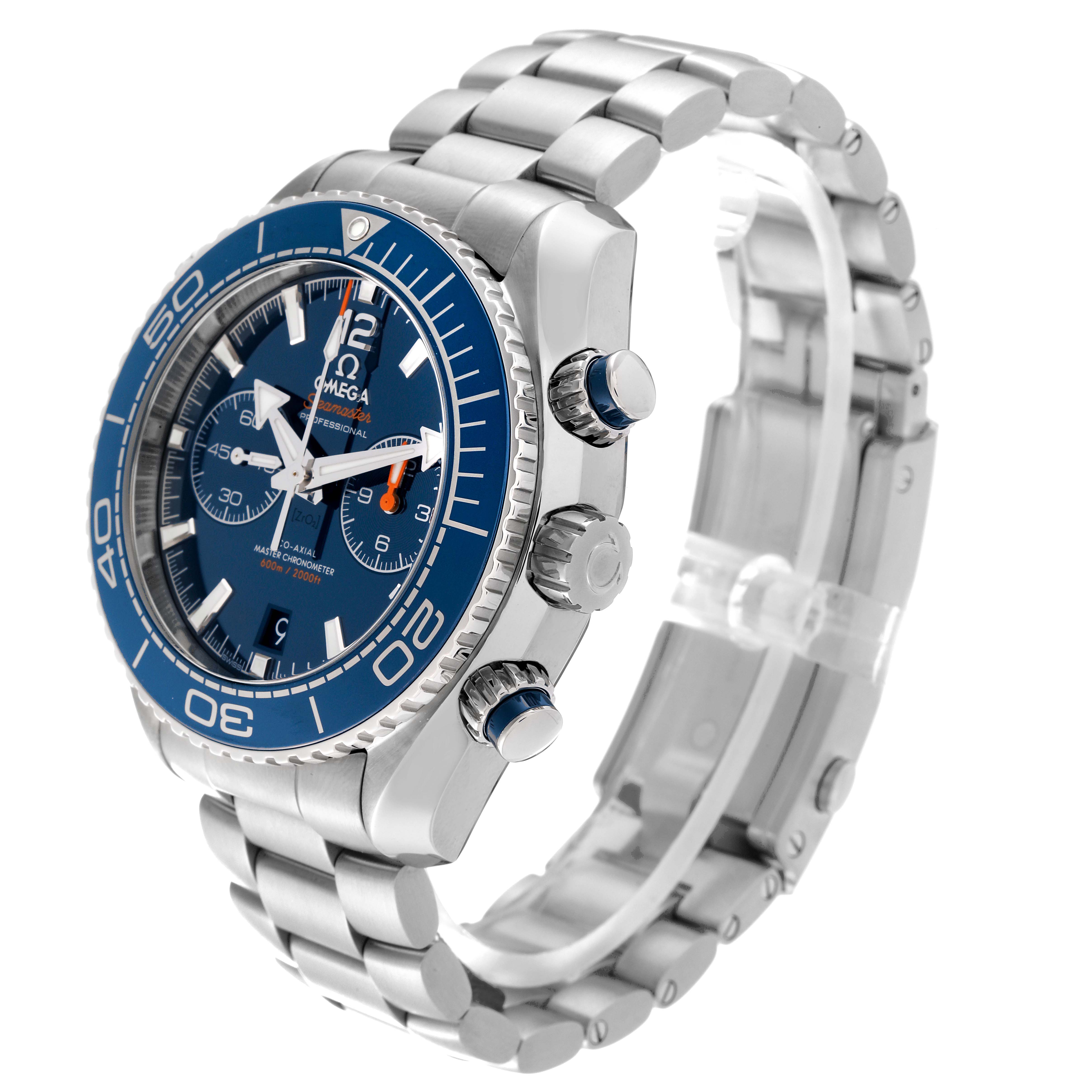 The image shows a side angle of the Omega Planet Ocean 215.30.46.51.03.001 Men's Stainless Steel Blue Dial 215.30.46.51.03.001 Men's Stainless Steel Blue Dial watch, highlighting the face, bezel, crown, pushers, and bracelet.