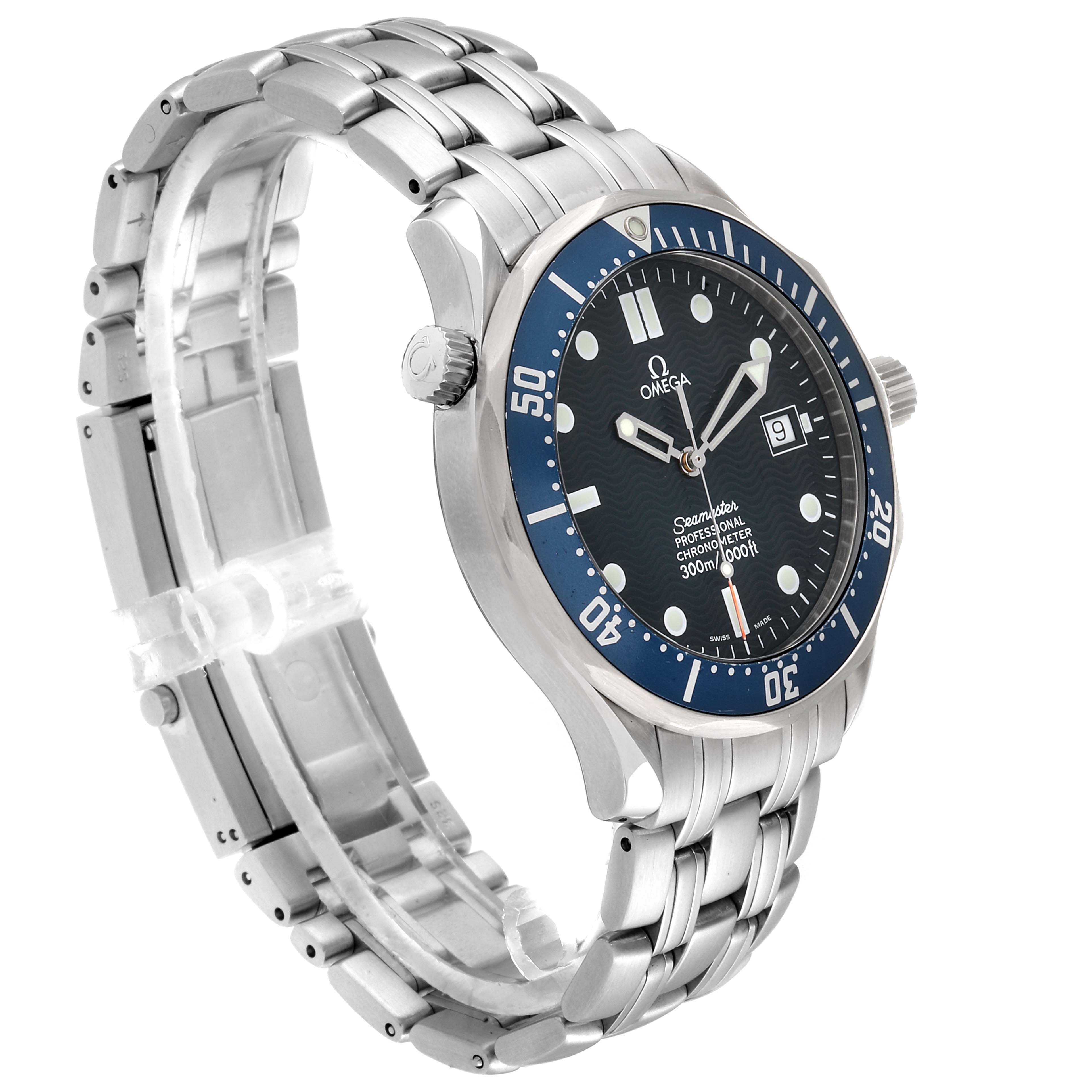 The image shows a side angle of the Omega Seamaster 2531.80.00 Men
s Stainless Steel Blue Dial 2531.80.00 Men
s Stainless Steel Blue Dial watch, highlighting its stainless steel bracelet and blue bezel.