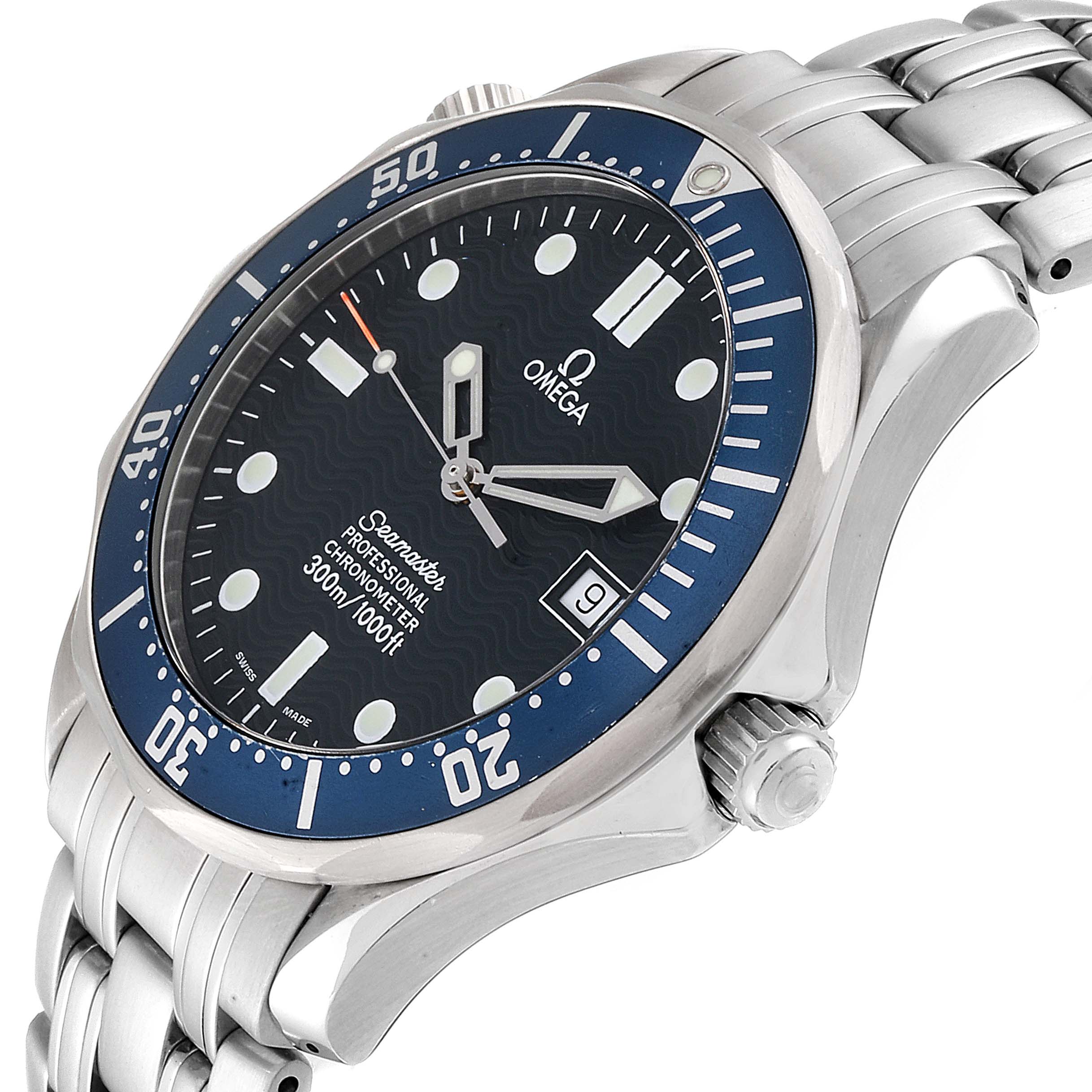 The image shows an angled view of the dial, bezel, crown, and part of the bracelet of an Omega Seamaster 2531.80.00 Men
s Stainless Steel Blue Dial 2531.80.00 Men
s Stainless Steel Blue Dial watch.