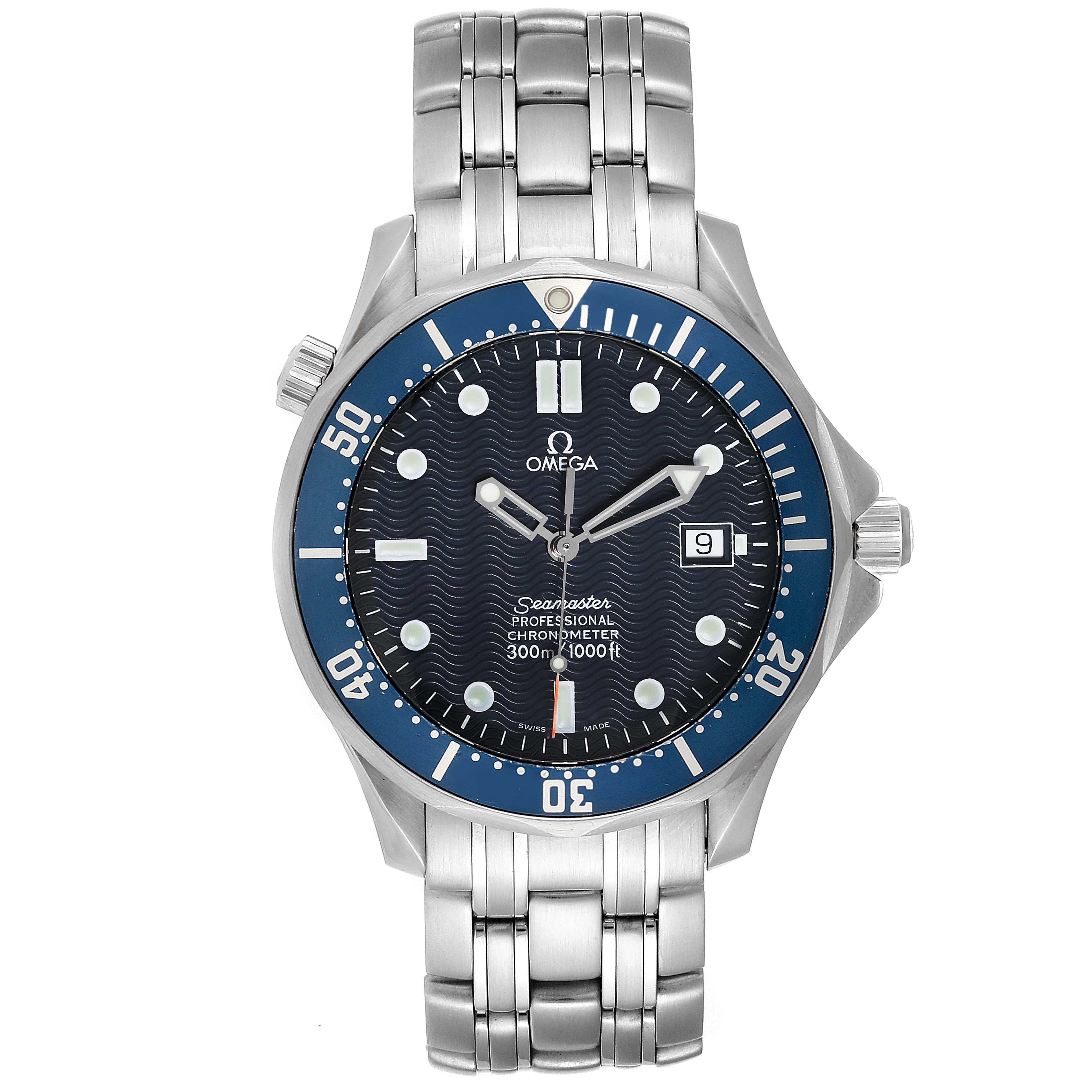 The image shows a front view of the Omega Seamaster 2531.80.00 Men
s Stainless Steel Blue Dial 2531.80.00 Men
s Stainless Steel Blue Dial watch, displaying its face, bezel, and metal bracelet.