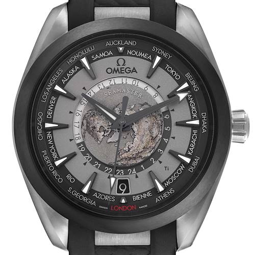 The Omega Seamaster 220.92.43.22.99.001 Men's Titanium Grey Dial watch is shown from a front angle, highlighting its world time dial and bezel.
