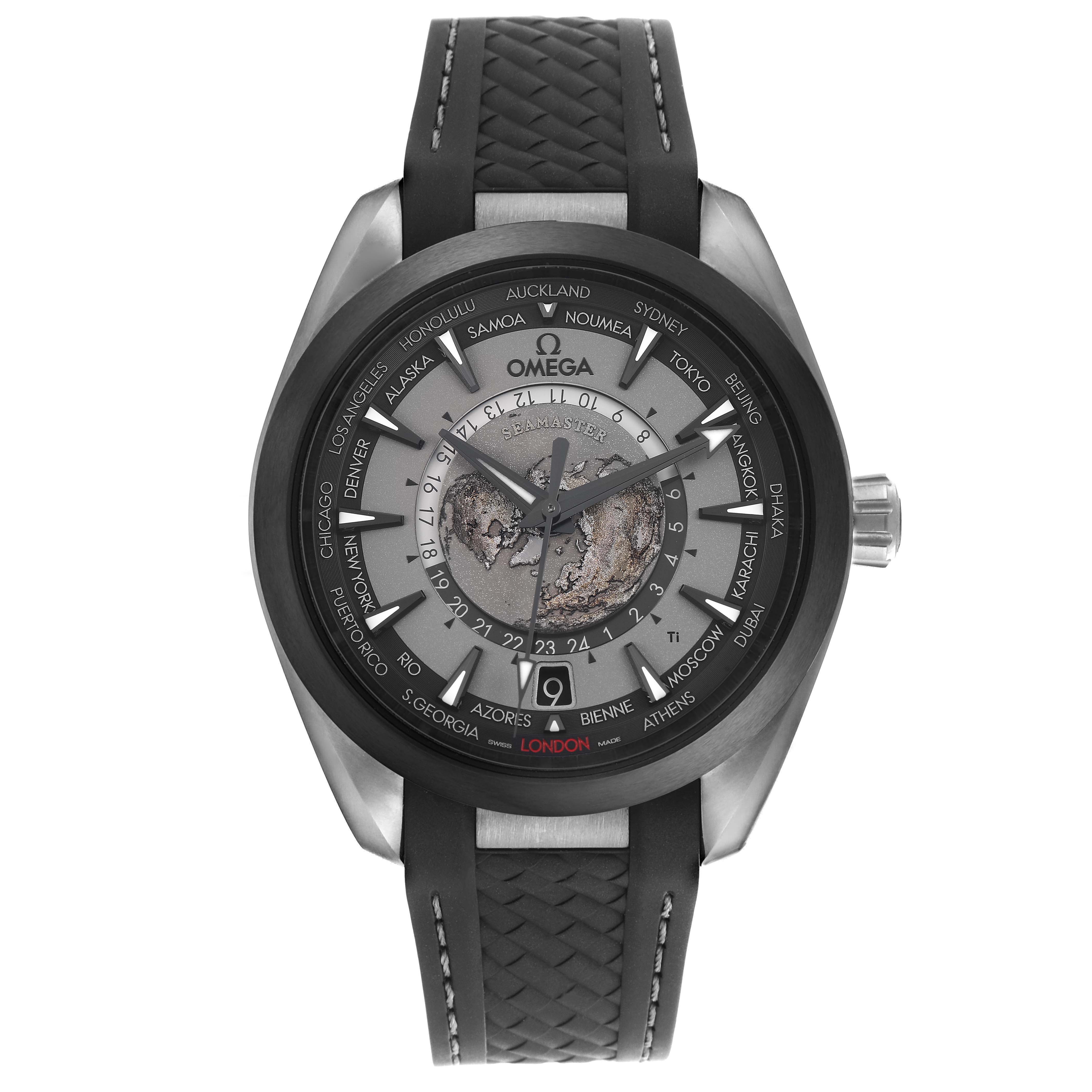 The image shows a front view of the Omega Seamaster 220.92.43.22.99.001 Men's Titanium Grey Dial watch, highlighting its face, bezel, and strap.