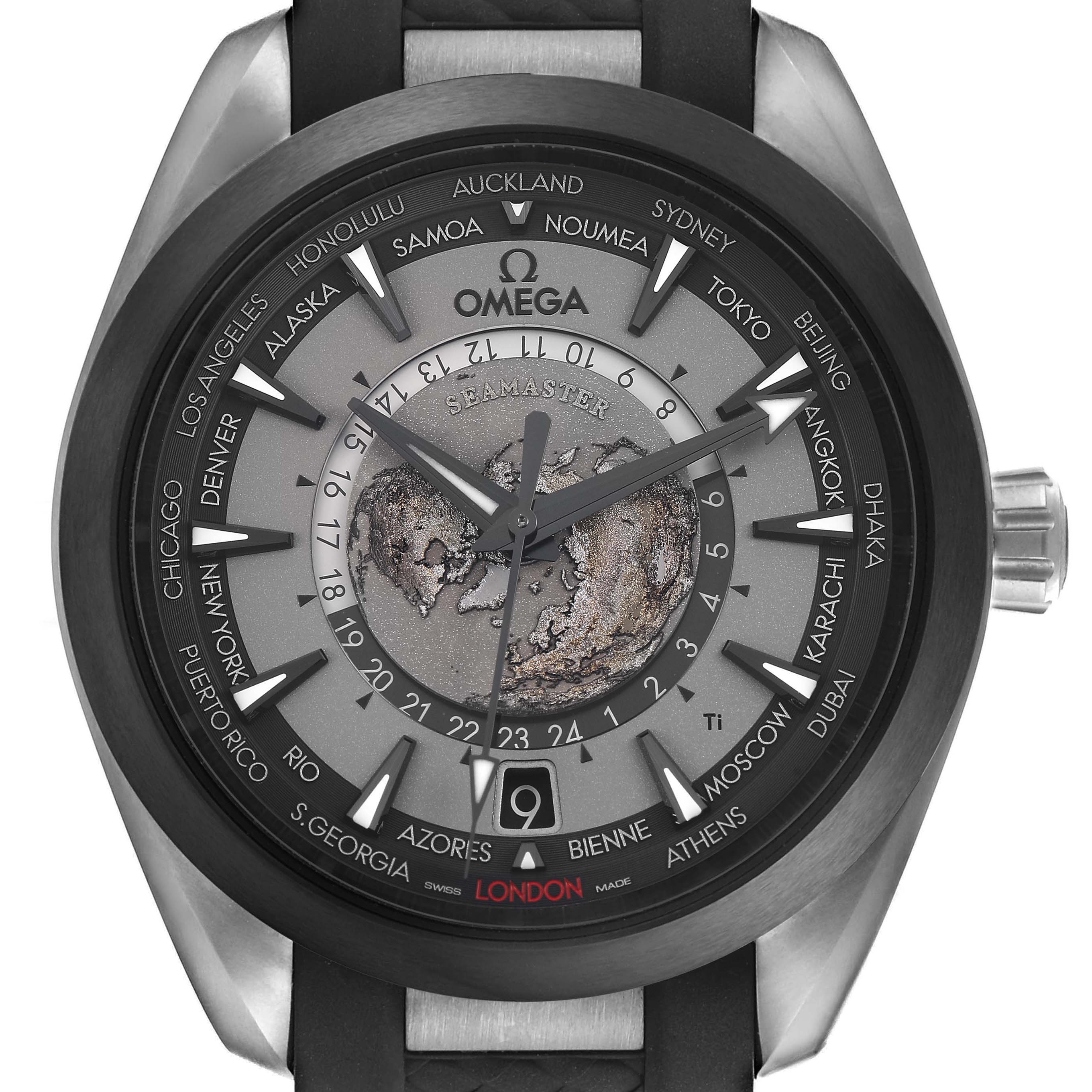 The Omega Seamaster 220.92.43.22.99.001 Men's Titanium Grey Dial watch is shown from a front angle, highlighting the dial, bezel, hands, and crown.