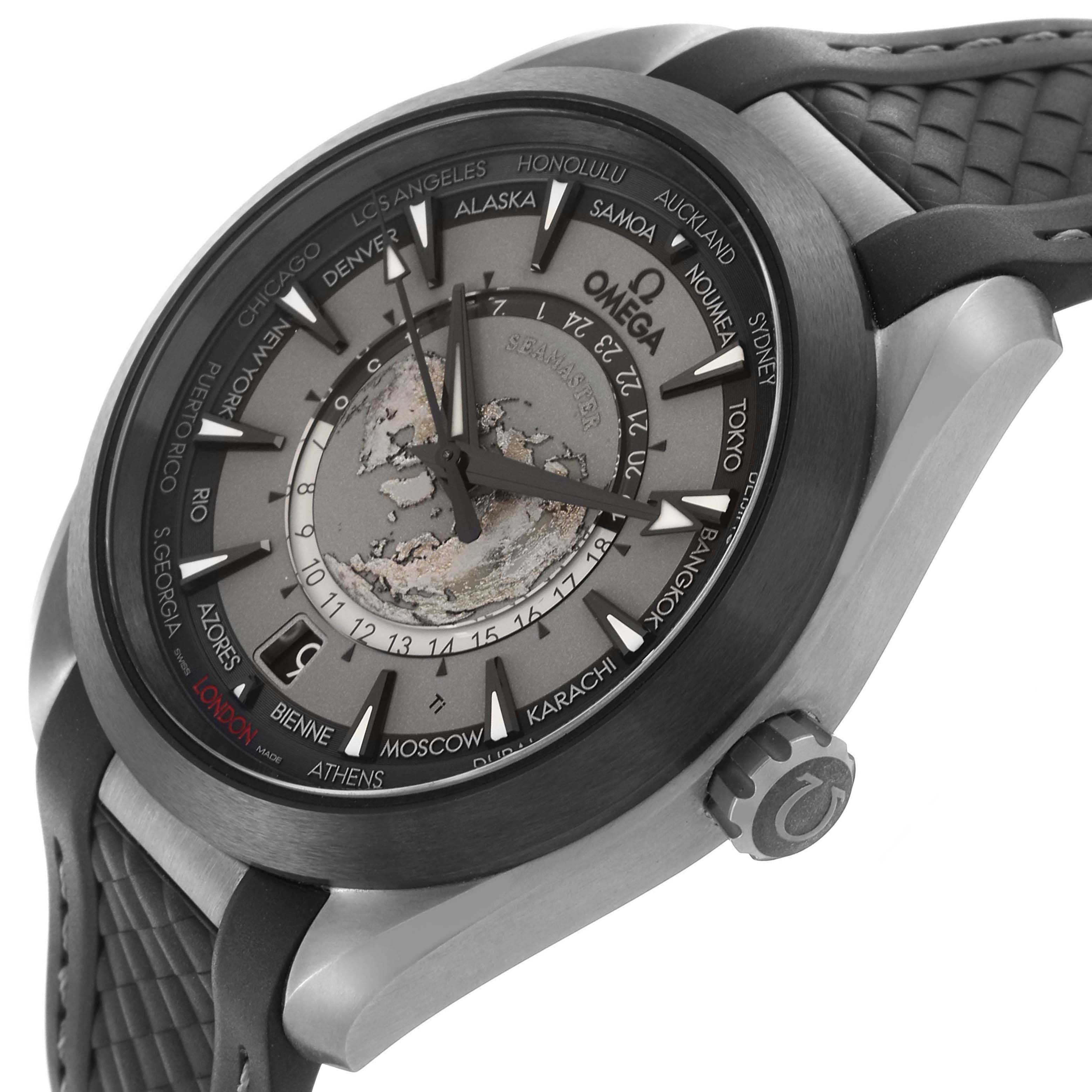 The Omega Seamaster 220.92.43.22.99.001 Men's Titanium Grey Dial watch is shown at a side angle, highlighting the face, bezel, and strap, with city names visible on the dial.