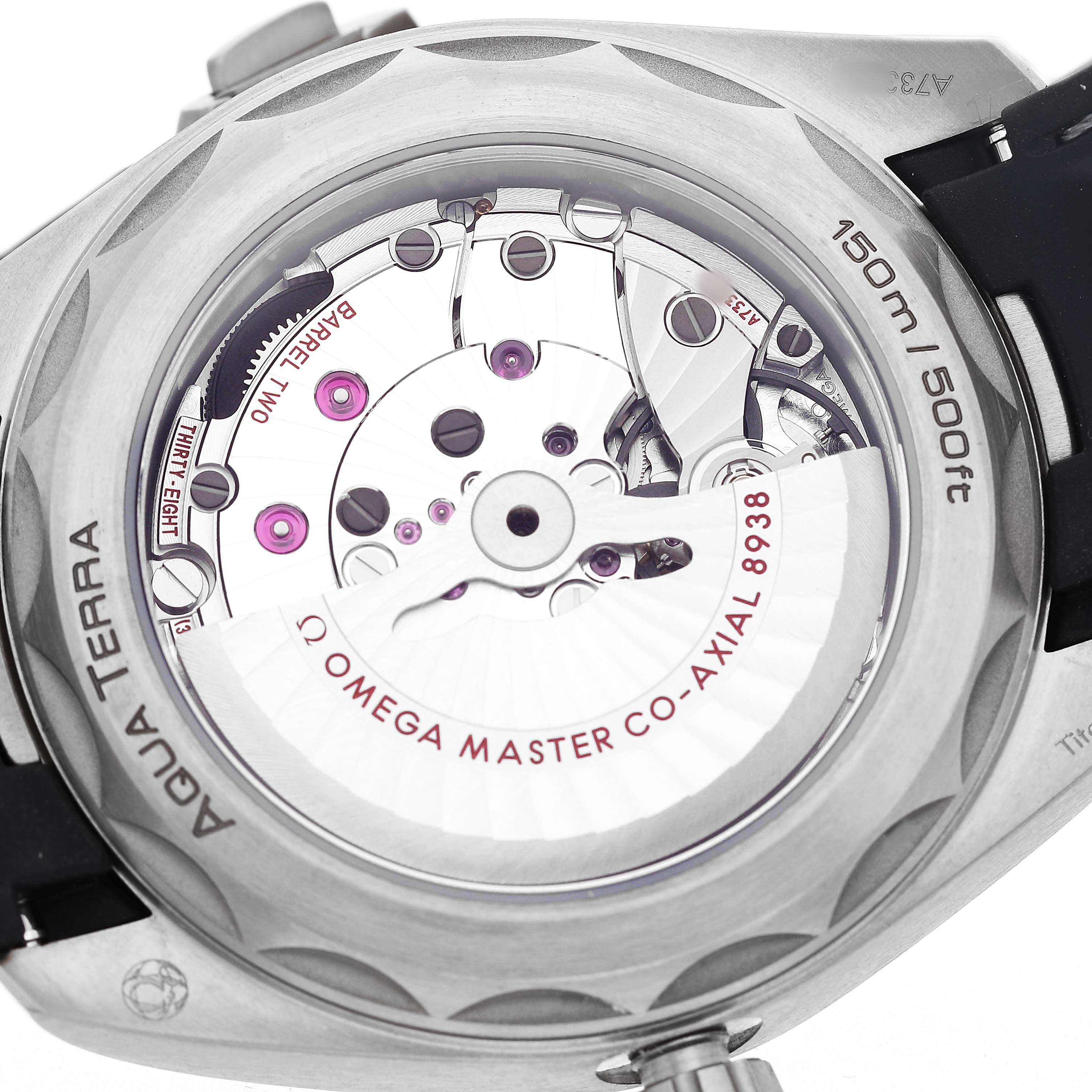 The image shows the back of an Omega Seamaster 220.92.43.22.99.001 Men's Titanium Grey Dial Aqua Terra, highlighting its Co-Axial Master Chronometer movement.