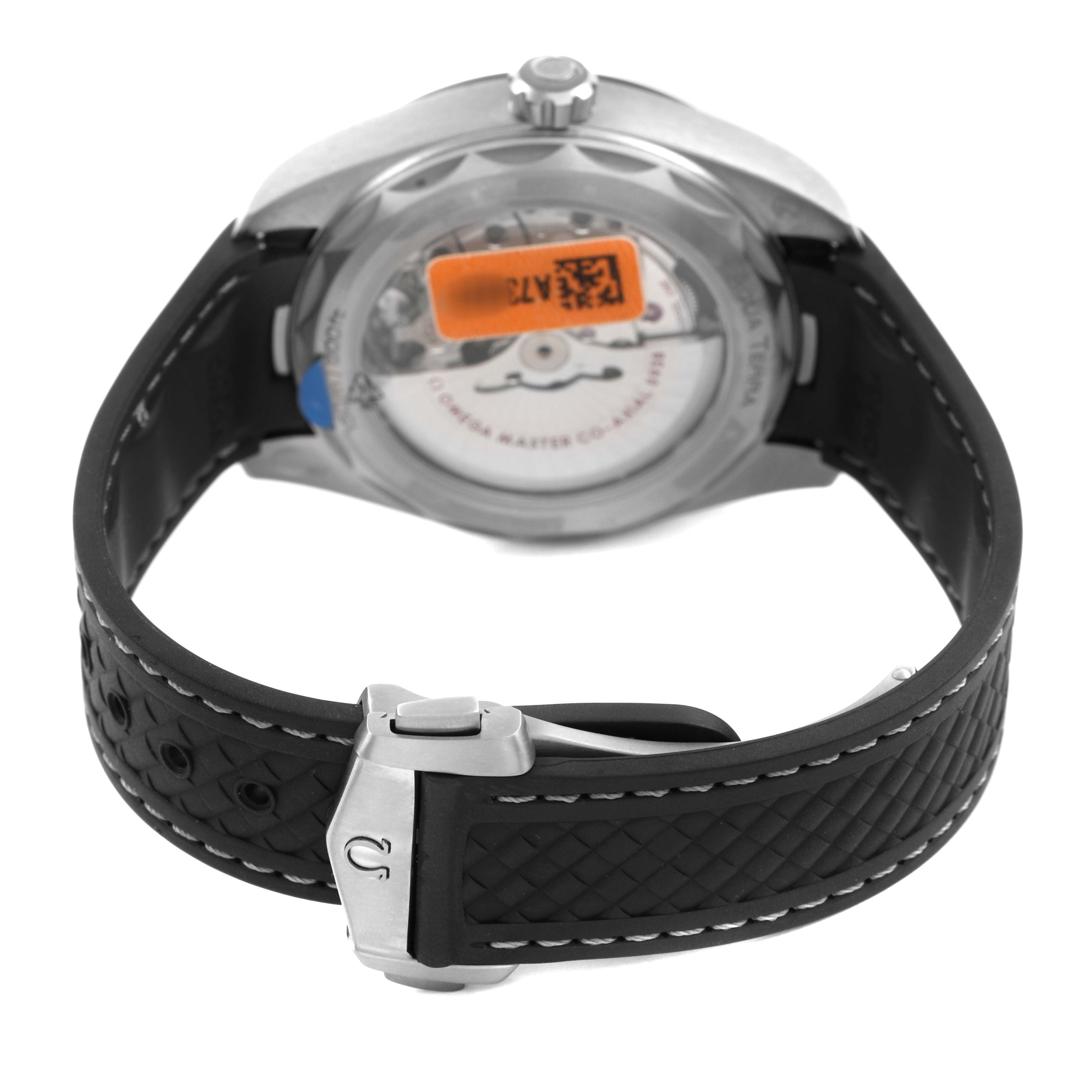 The Omega Seamaster 220.92.43.22.99.001 Men's Titanium Grey Dial watch is shown from the back, highlighting its case back and textured black strap with a buckle.