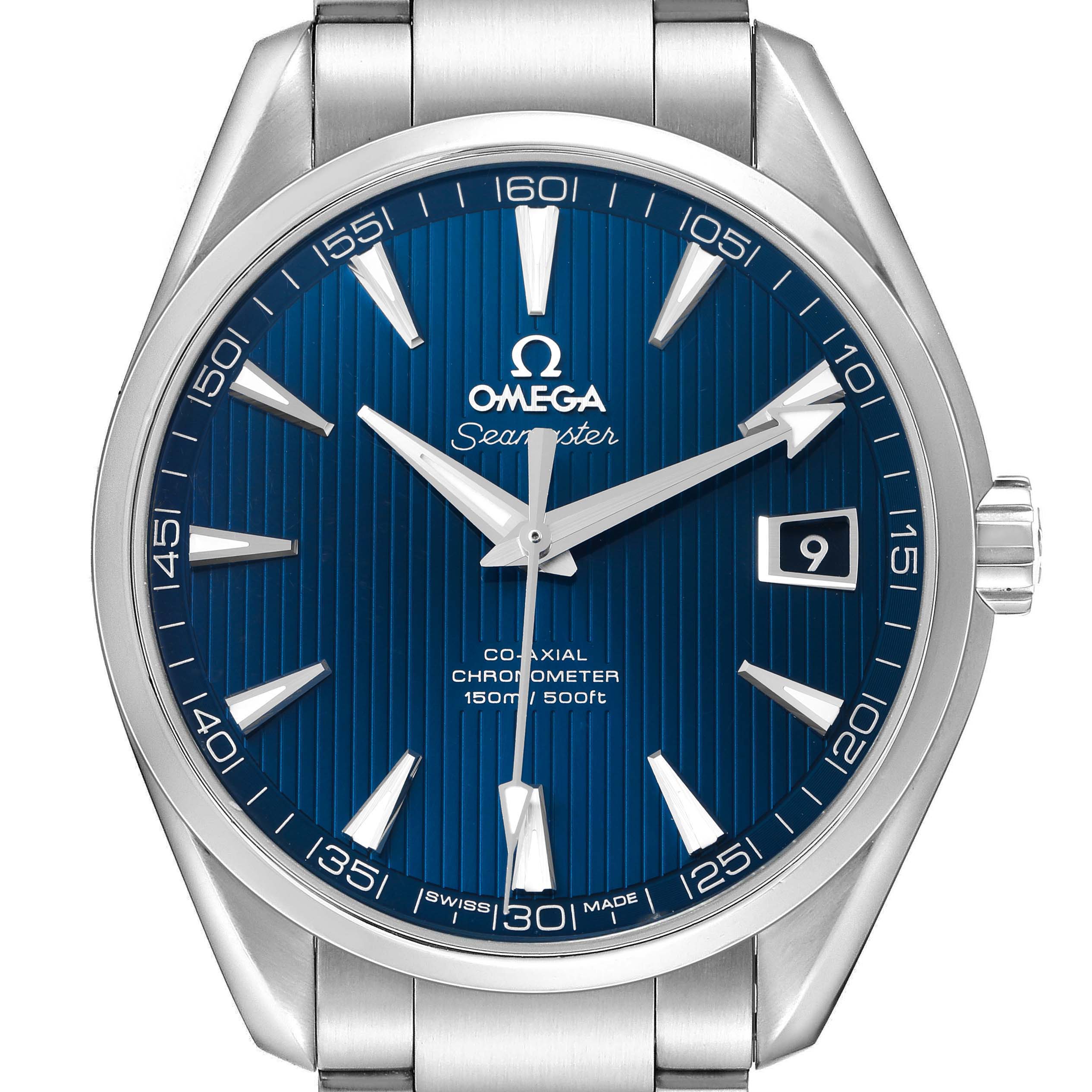 The image shows a front view of the Omega Seamaster 231.10.42.21.03.001 Men's Stainless Steel Blue Dial watch, highlighting the dial, hands, numeral markers, and the date window.