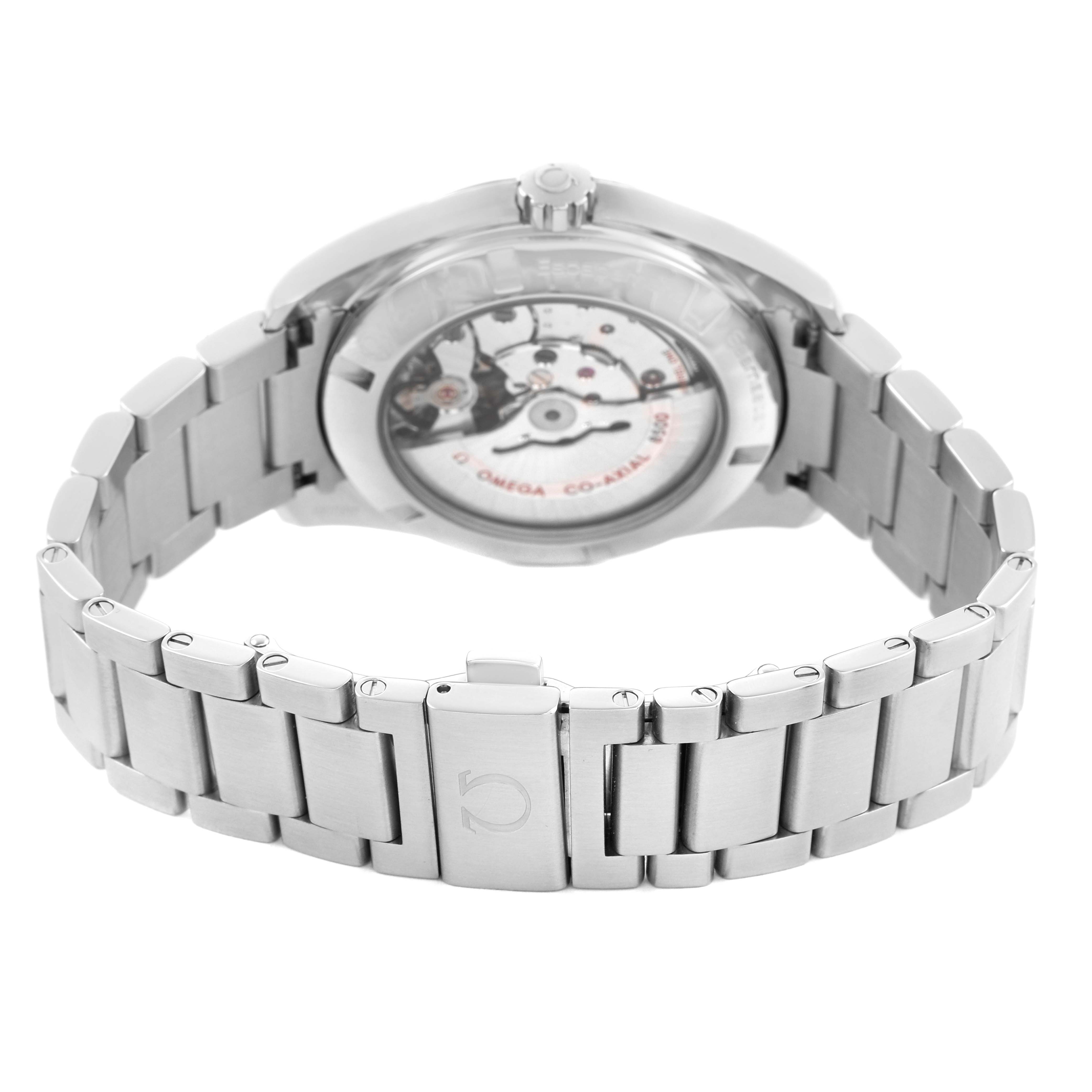 The image shows the back of an Omega Seamaster 231.10.42.21.03.001 Men's Stainless Steel Blue Dial watch, highlighting the bracelet and transparent case back with visible movement.