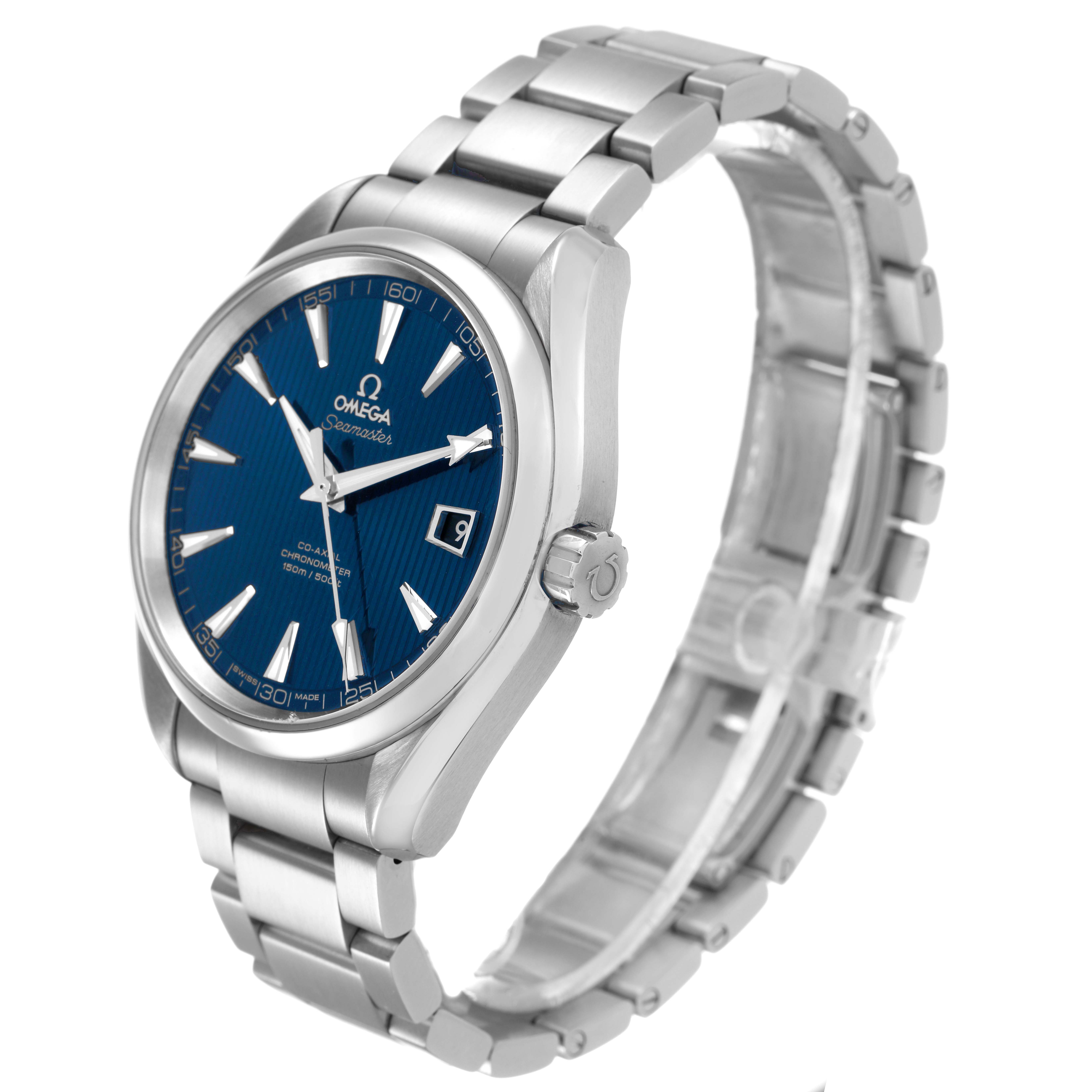 The Omega Seamaster 231.10.42.21.03.001 Men's Stainless Steel Blue Dial watch is shown at a three-quarter angle, displaying the blue dial, metal bracelet, crown, and date window.