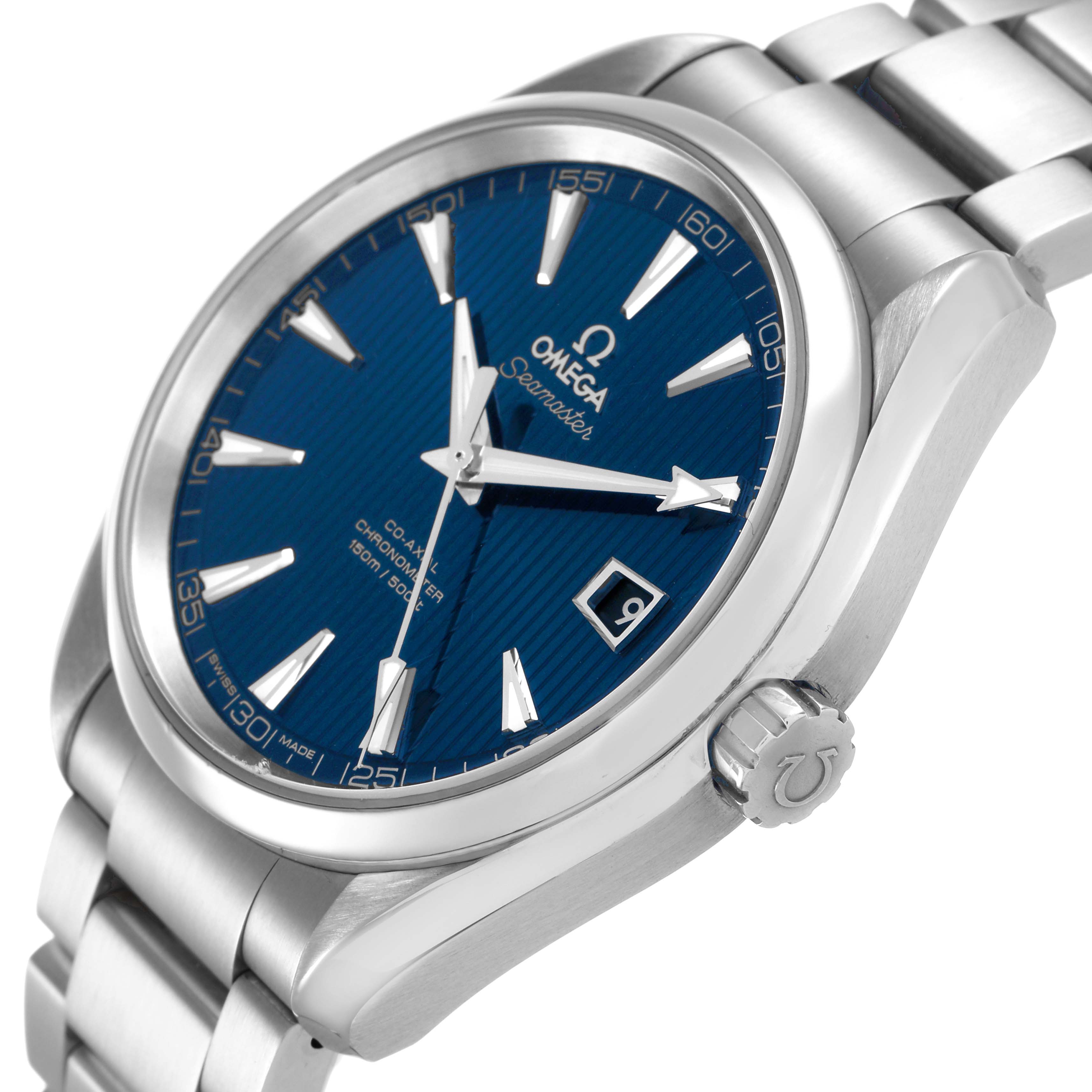 The Omega Seamaster 231.10.42.21.03.001 Men's Stainless Steel Blue Dial watch is shown at an angled side view, highlighting the blue dial, bracelet, crown, and date window.