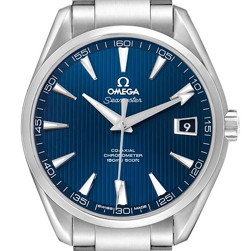 The Omega Seamaster 231.10.42.21.03.001 Men's Stainless Steel Blue Dial watch is shown from a front angle, highlighting its blue dial, hands, indices, date window, and metal bracelet.