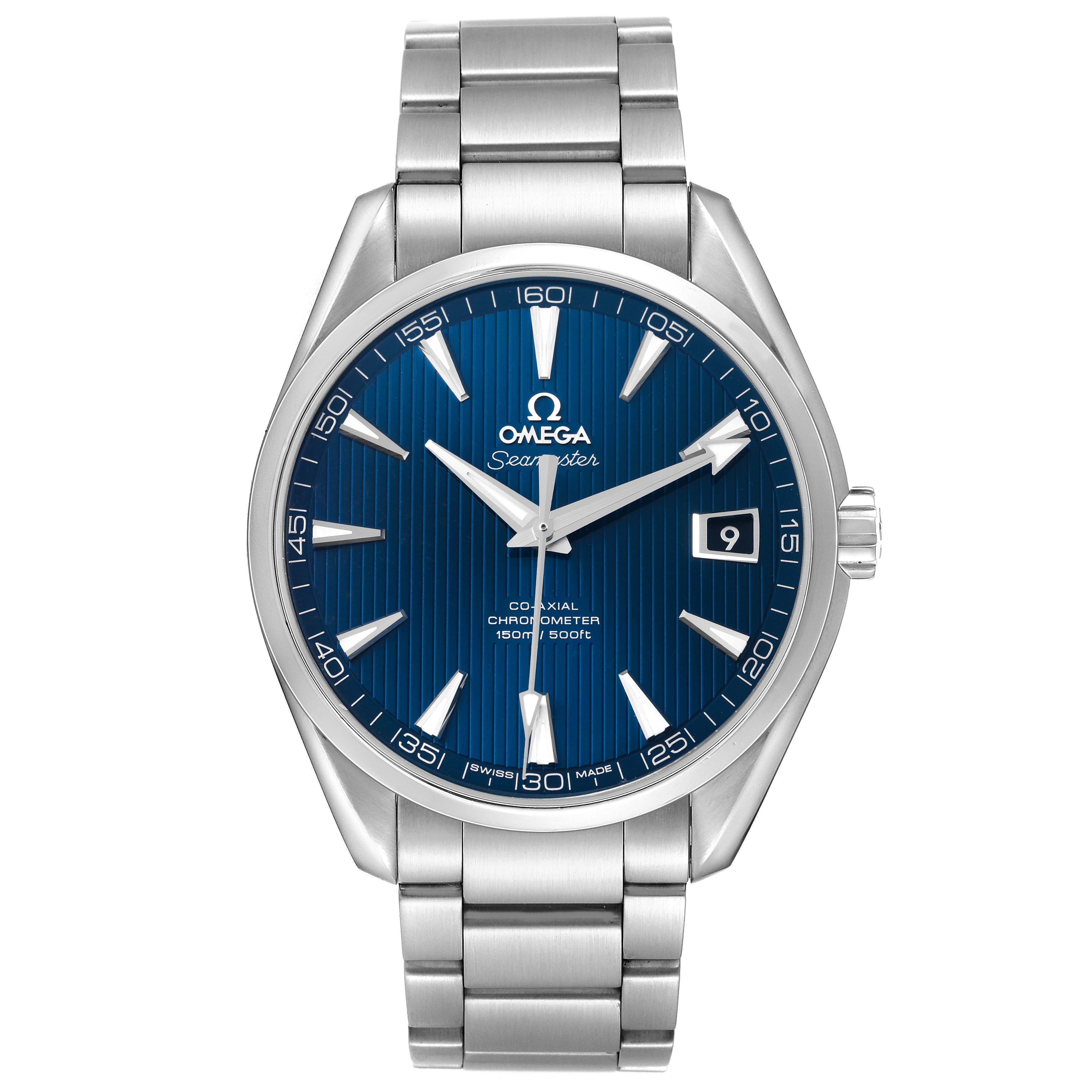 The Omega Seamaster 231.10.42.21.03.001 Men's Stainless Steel Blue Dial model is shown from the front, highlighting the dial, hands, date window, and bracelet.