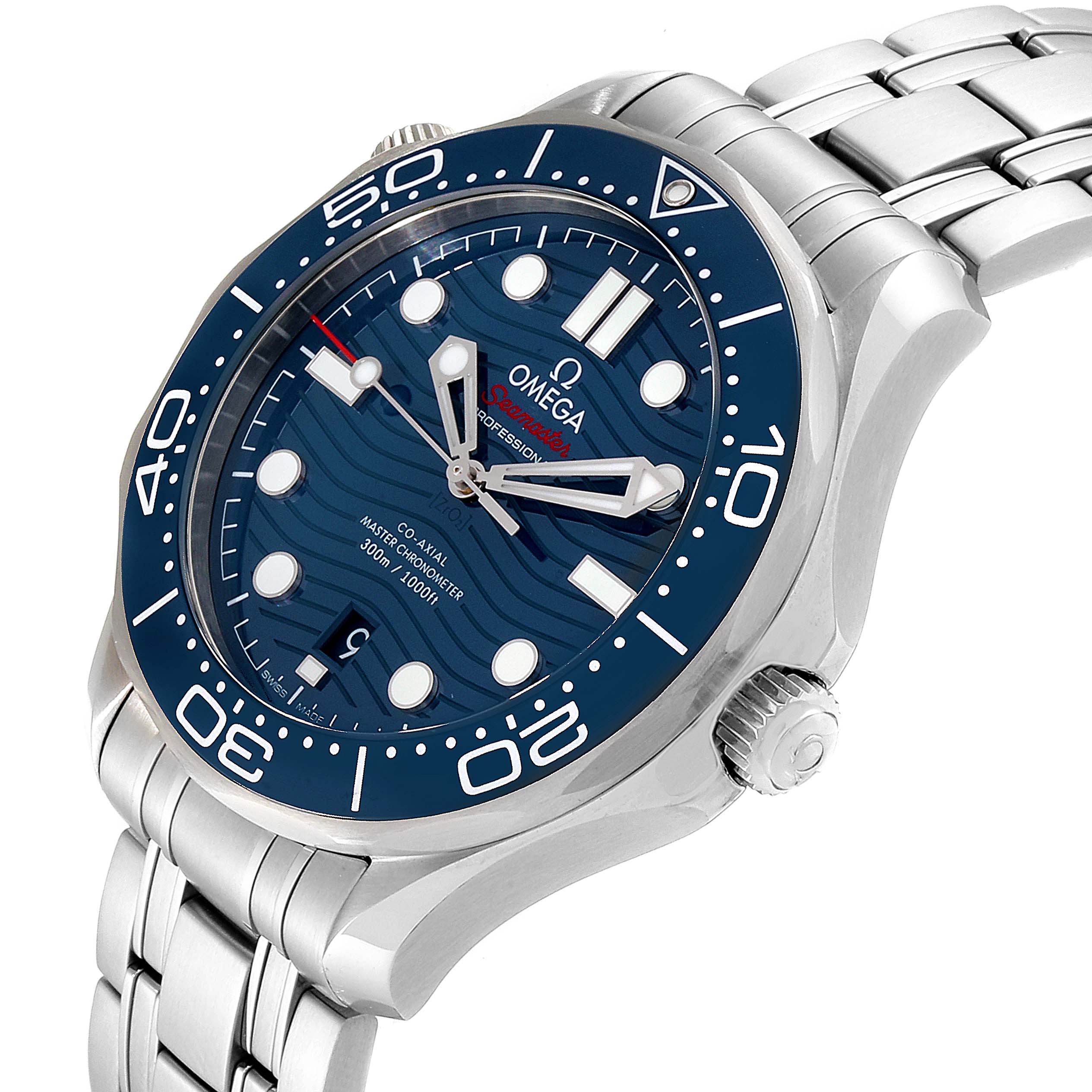 The image shows an angled view of an Omega Seamaster 210.30.42.20.03.001 Men
s Stainless Steel Blue Dial 210.30.42.20.03.001 Men
s Stainless Steel Blue Dial watch, highlighting its blue dial, bezel, and stainless steel bracelet.