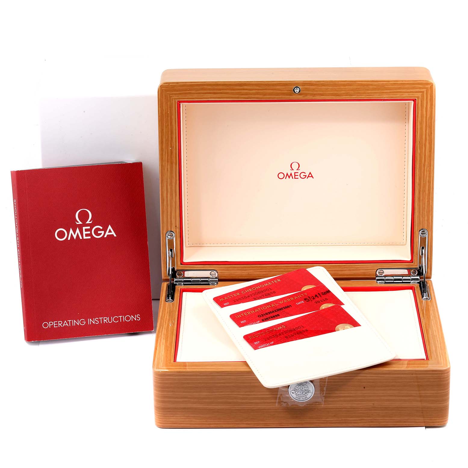 The image shows an Omega Seamaster 210.30.42.20.03.001 Men
s Stainless Steel Blue Dial 210.30.42.20.03.001 Men
s Stainless Steel Blue Dial watch box, operating instructions booklet, and warranty cards.