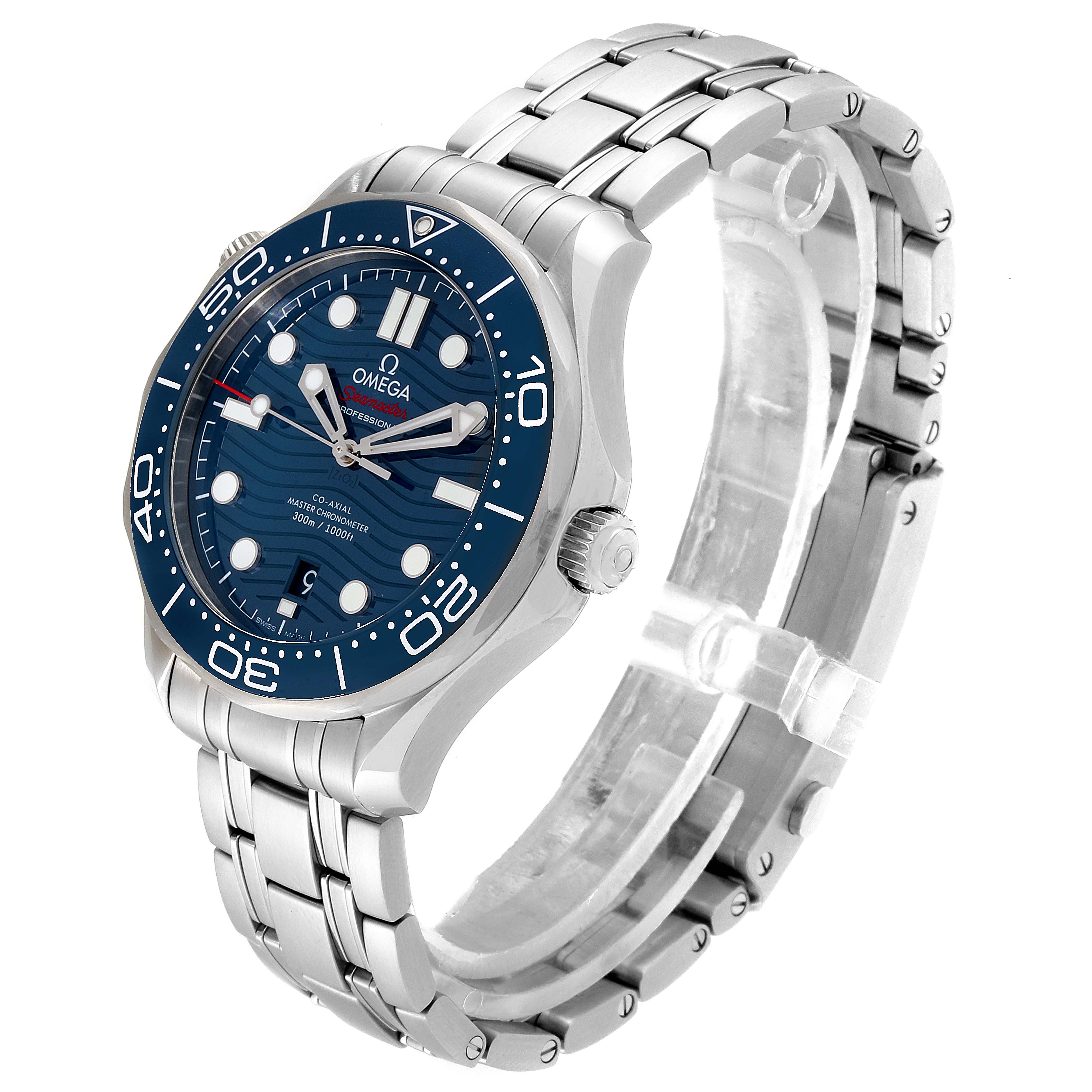 This is a side-angle view of the Omega Seamaster 210.30.42.20.03.001 Men
s Stainless Steel Blue Dial 210.30.42.20.03.001 Men
s Stainless Steel Blue Dial watch showing the face, bezel, crown, and stainless steel bracelet.